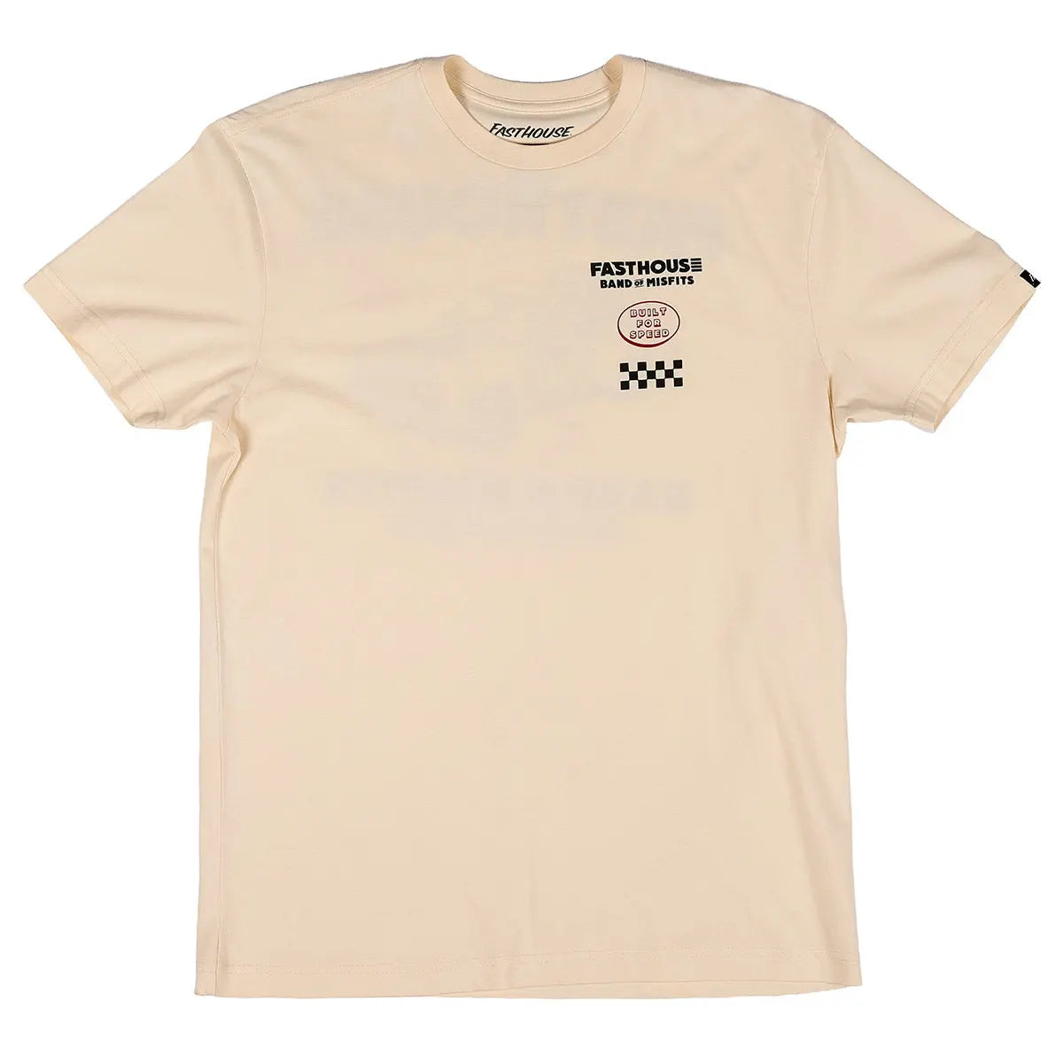 Close-up of Pursuit Natural Tee showing Cream cotton tee with black text graphic, checkered flag patch, and oval badge print
