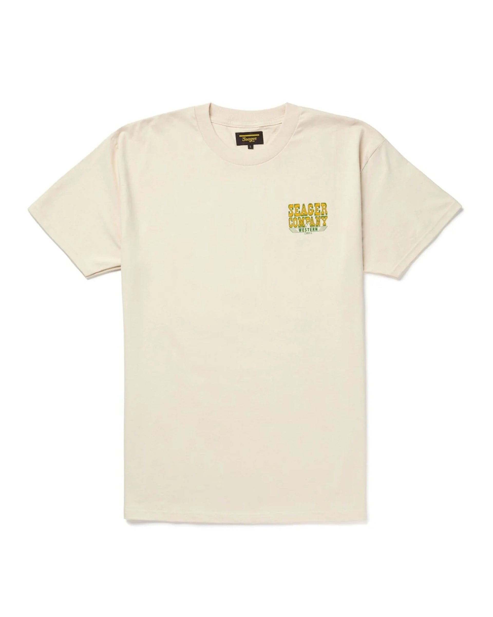 Close-up of Rattler Vintage Black Tee showing Cream with small yellow and black text graphic on chest - Slowride Supply