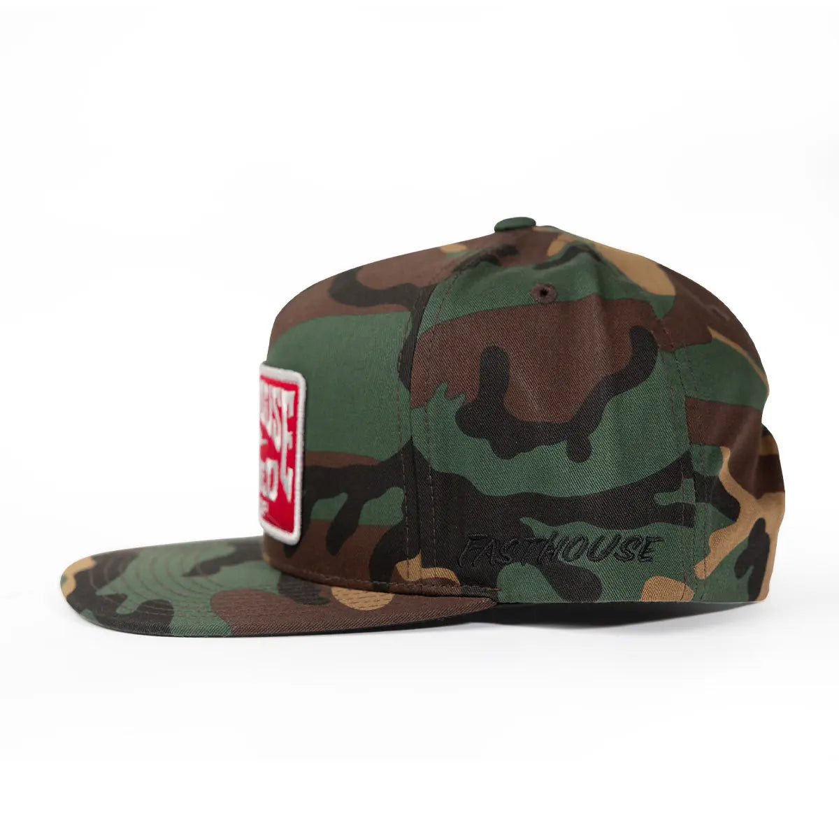 Close-up of Record Hat Apparel Black Apparel showing Woodland camouflage snapback with red and white rectangular patch on