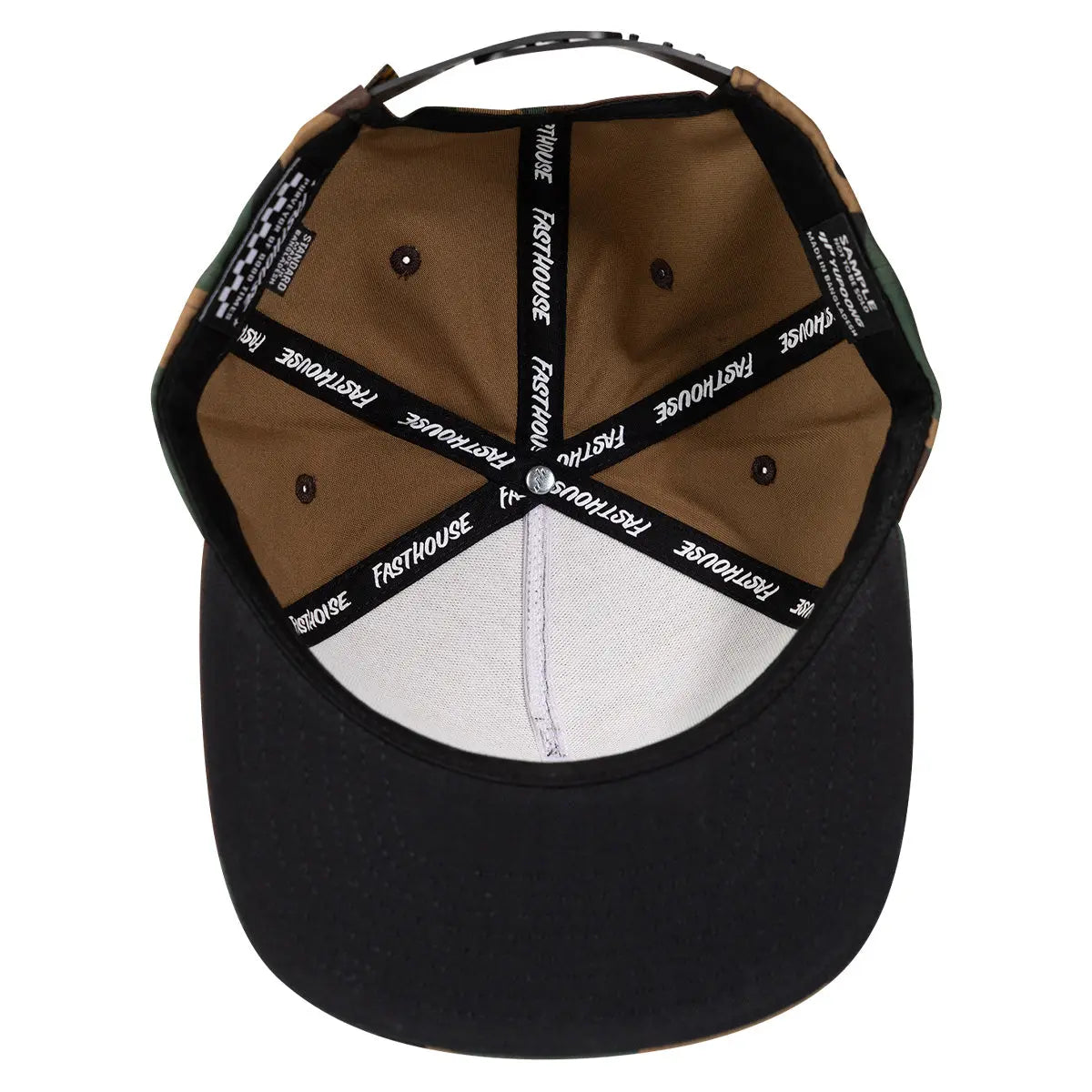 Close-up of Record Hat Apparel Black Apparel showing Black cap with tan and forest green colorblocking, black text webbing