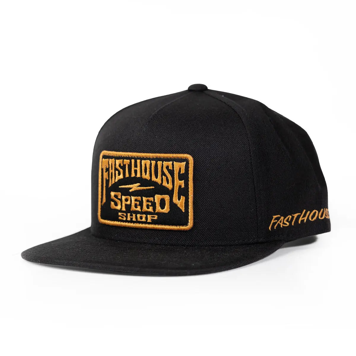 Back of Record Hat Apparel Black Apparel, Gold embroidered script text on black back panel - Slowride Supply
