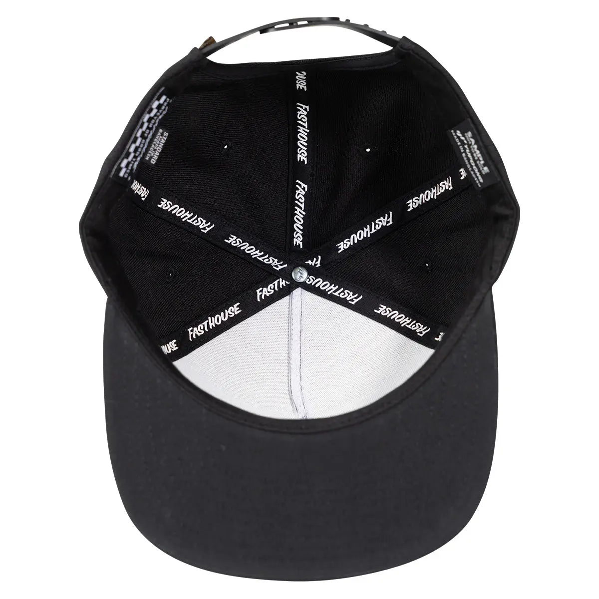 Close-up of Record Hat Apparel Black Apparel showing Black cap with white text tape across back strap reading repeated