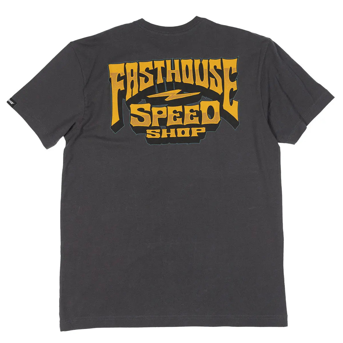 Record front view, Charcoal with gold and black shop graphic featuring lightning bolt and distressed frame detail, Natural
