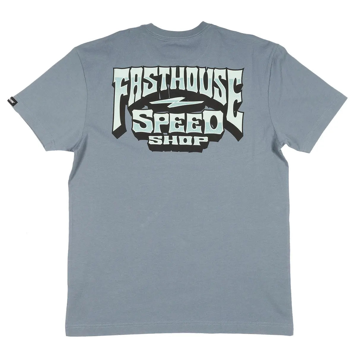 Back of Record Natural Tee, Stone blue with black and cream speed shop graphic featuring lightning bolt and layered banner