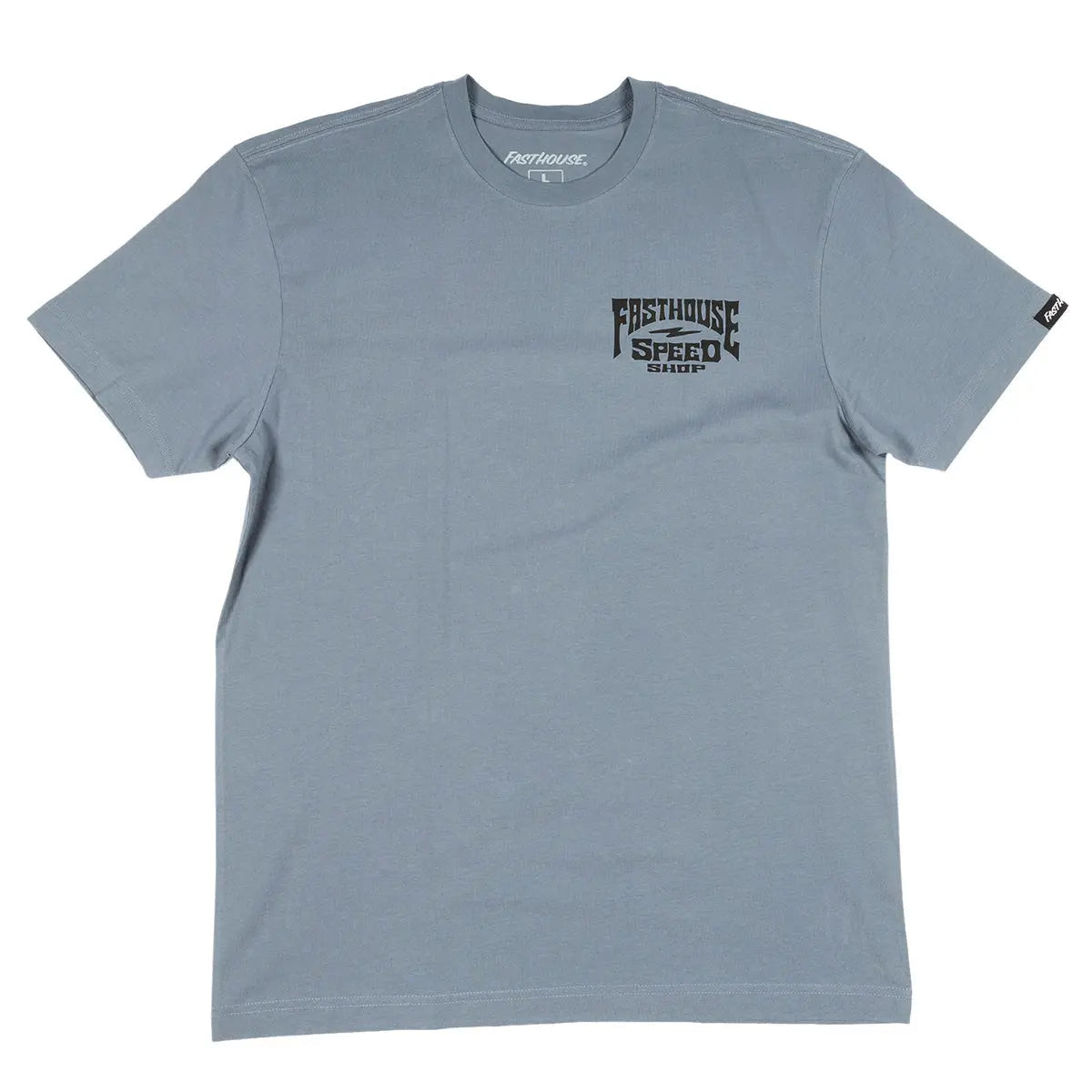 Close-up of Record Natural Tee showing Slate blue with black chest graphic reading "Speed Shop" in distressed metal