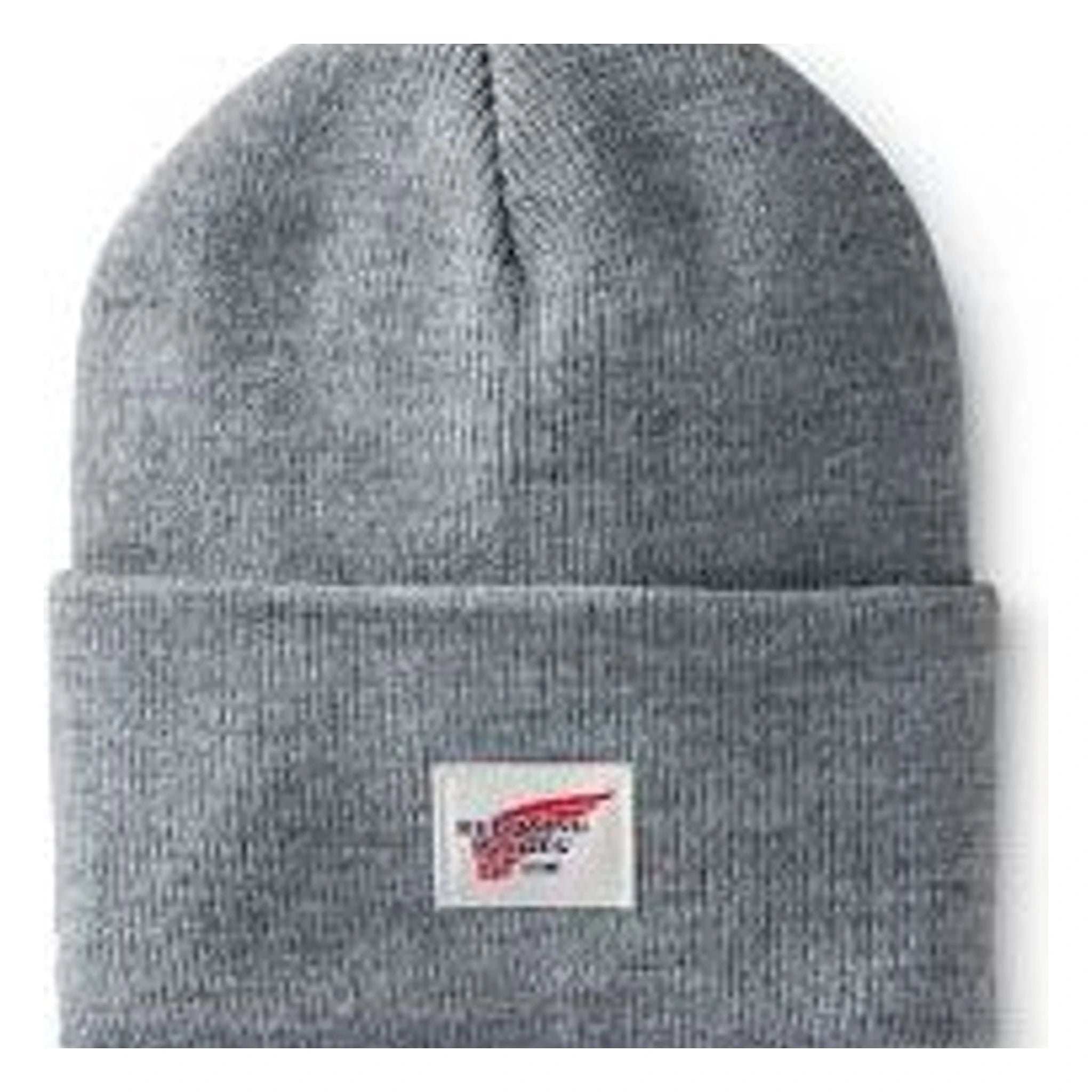 front view, Grey ribbed knit with small red and white wing logo patch on front cuff, Grey Beanie - Slowride Supply