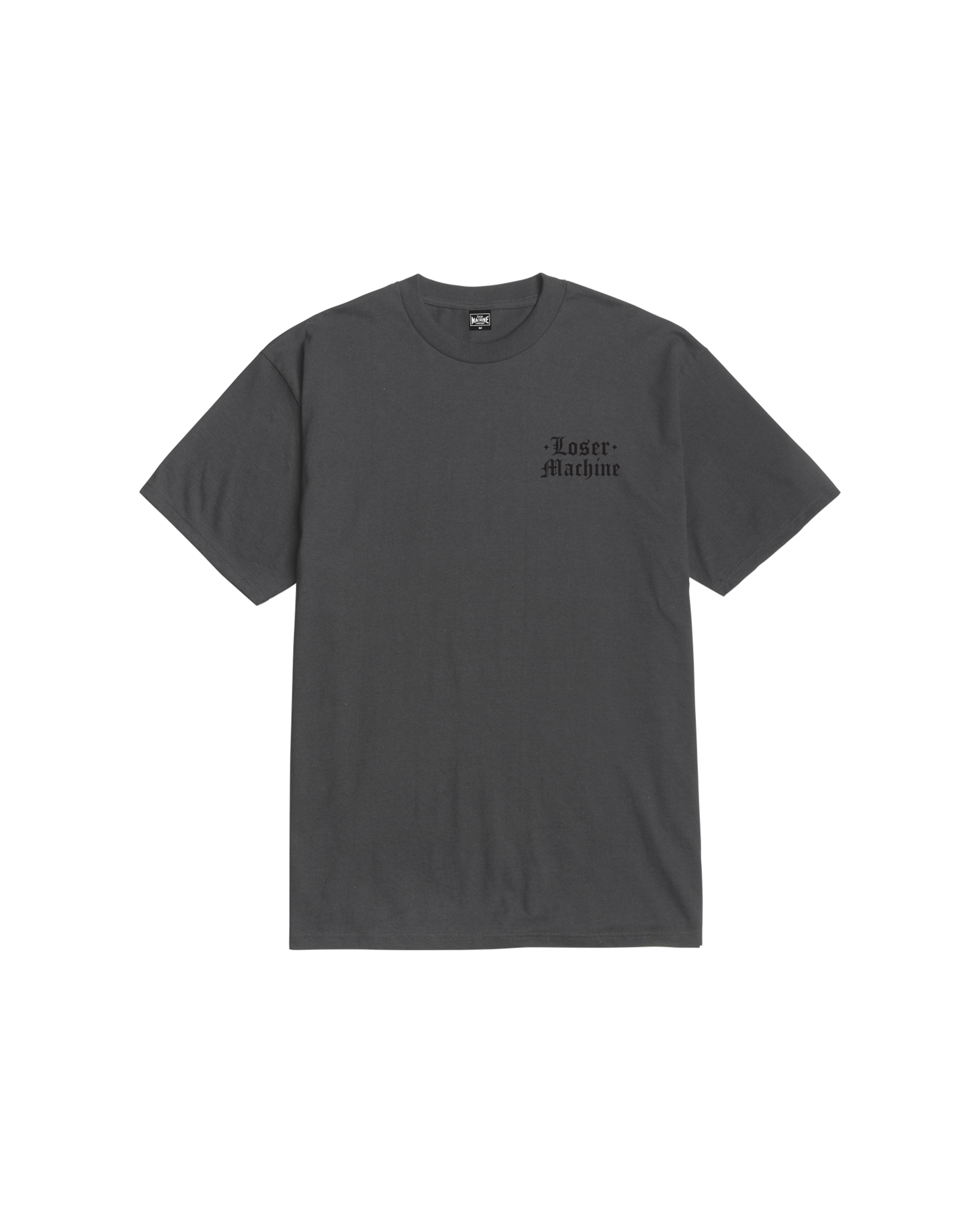 Close-up of Revoke Black Tee showing Charcoal gray with small black gothic-style text reading "Loser Machine" on chest -