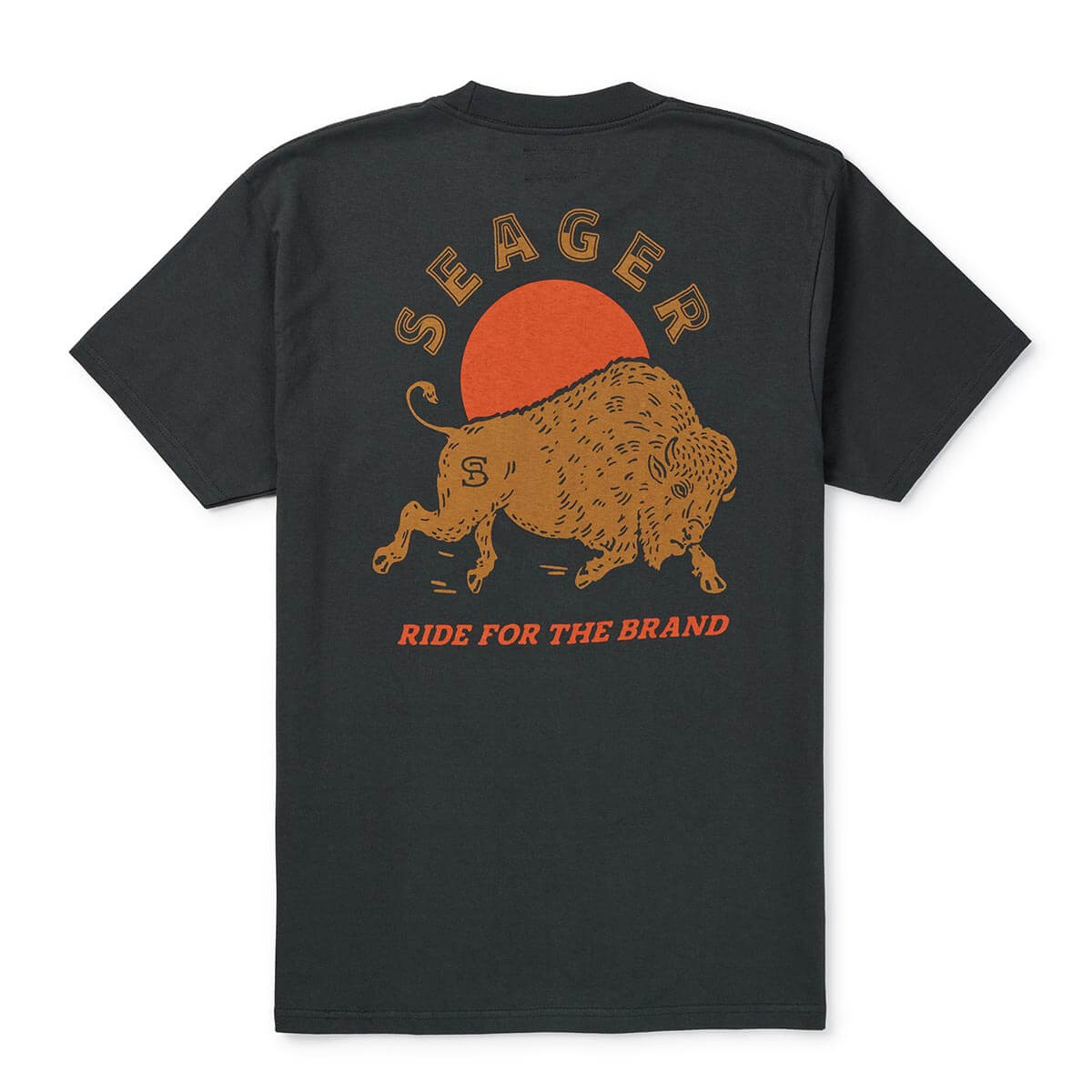 Ride for the Brand front view, Charcoal black with tan outlined text arcing above a tan buffalo illustration and red sun,