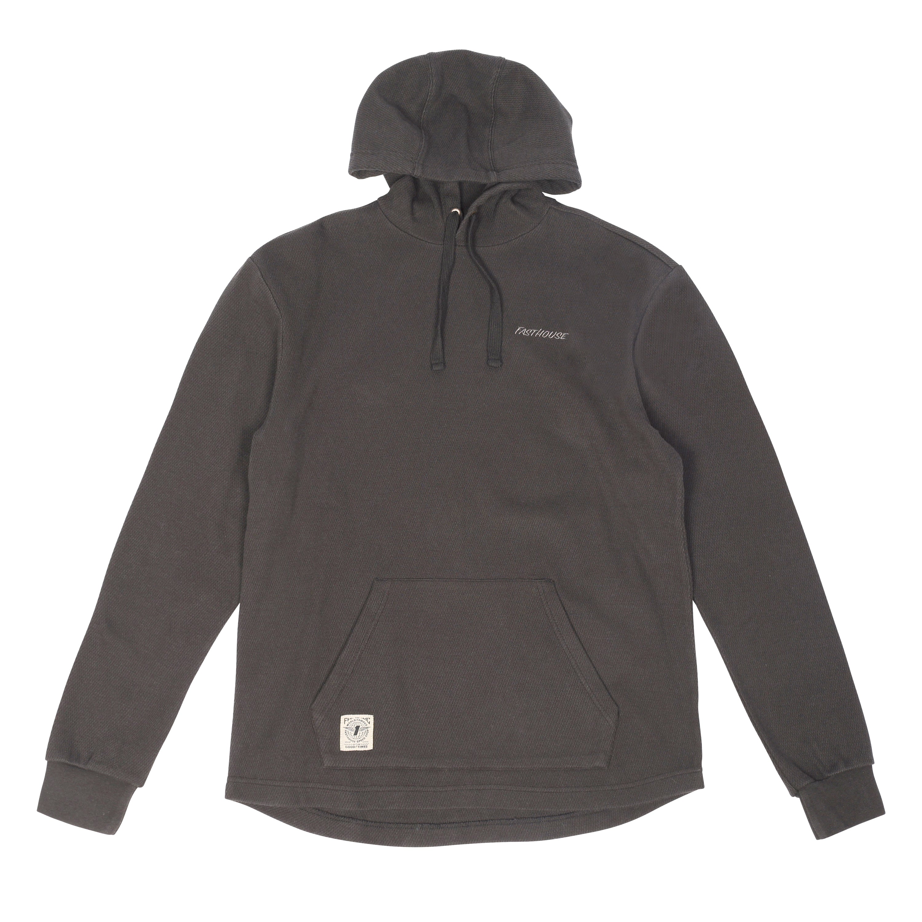 Robin Hooded Thermal Apparel front view, Charcoal pullover hoodie with small cursive chest print and kangaroo pocket detail,