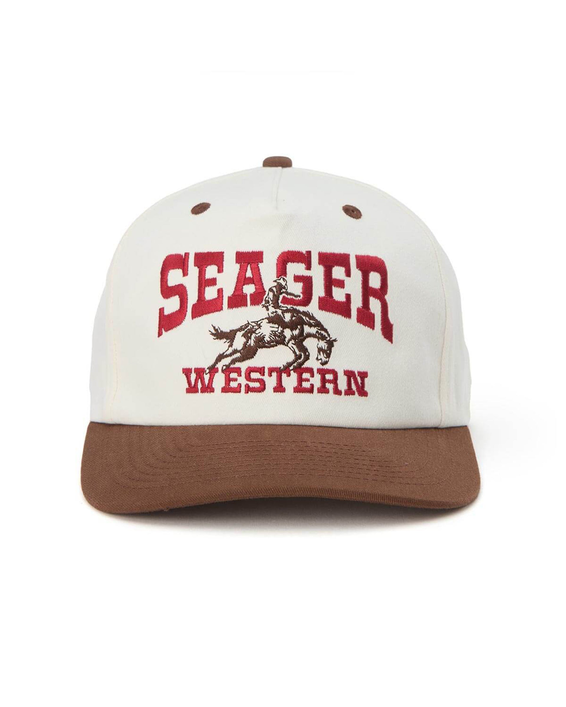 Rodeo Snapback front view, Cream crown with red embroidered "Seager Western" text and bucking horse graphic, brown visor and