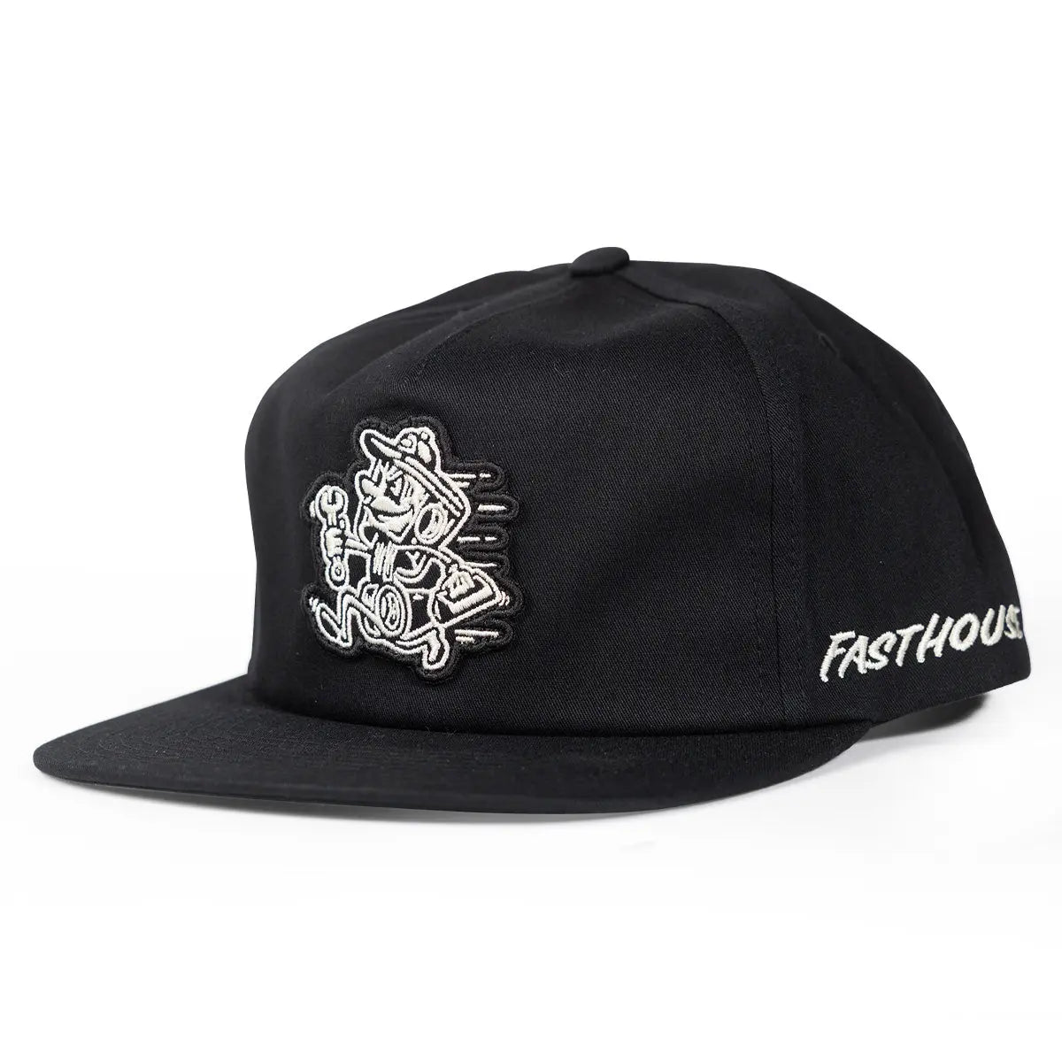 Runner Hat Apparel front view, Black with white embroidered cartoon racer figure and text on front panel, Black Apparel -