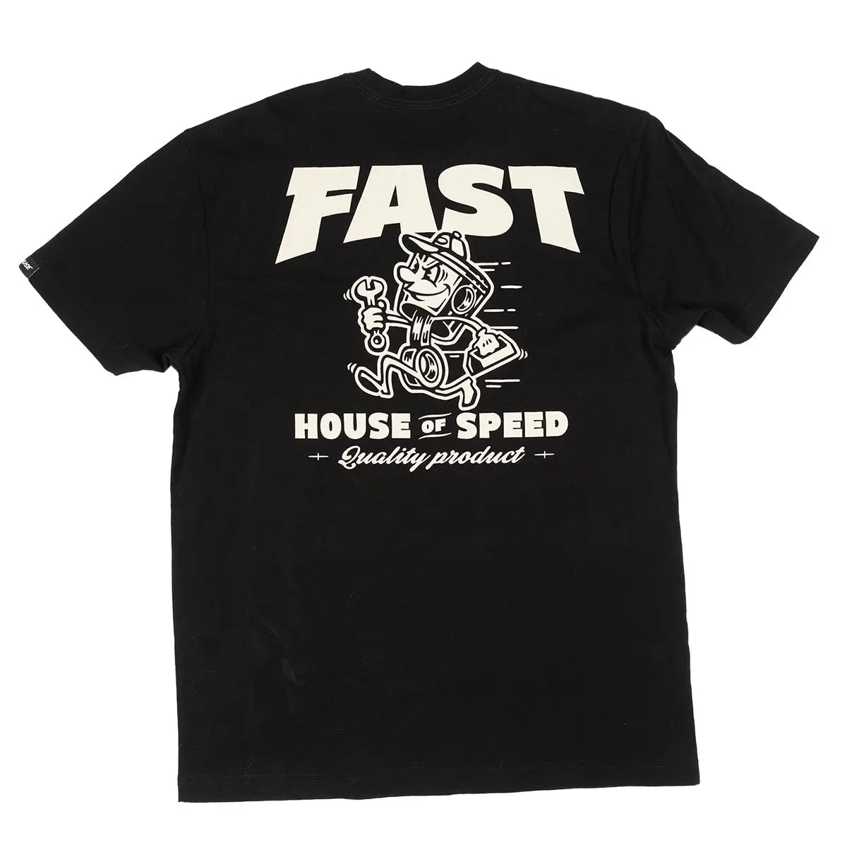 Runner front view, Black with cream FAST text and cartoon mechanic character graphic, House of Speed lettering below, Black