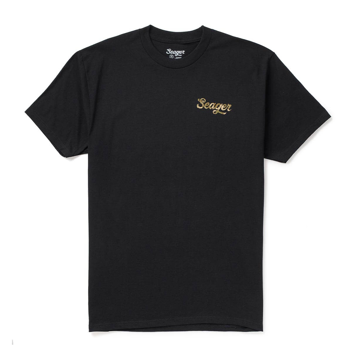 Close-up of Russ Fill Black Tee showing Black tee with small gold script embroidery on chest - Slowride Supply