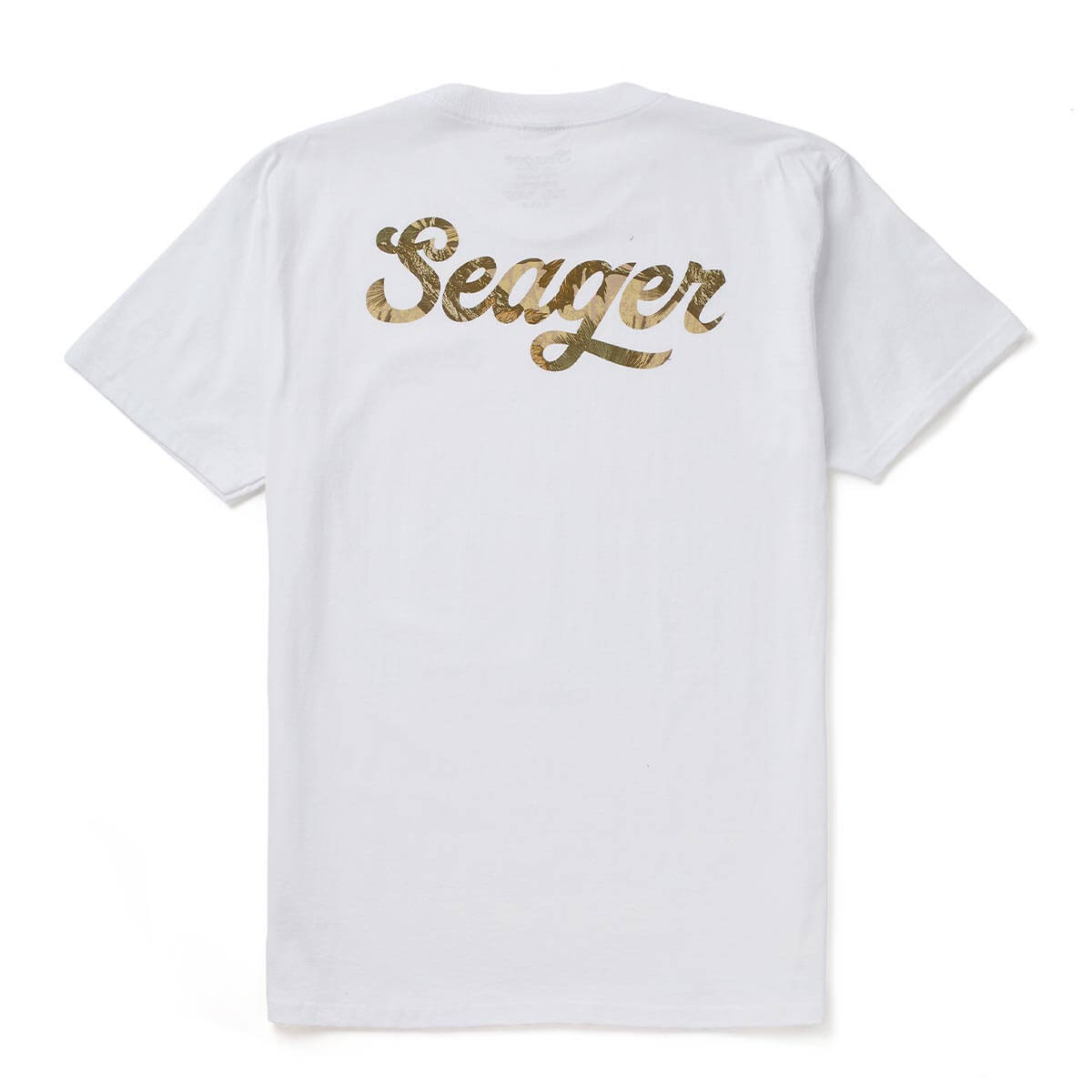 Back of Russ Fill Black Tee, White with gold foil script text reading "Seager - Slowride Supply