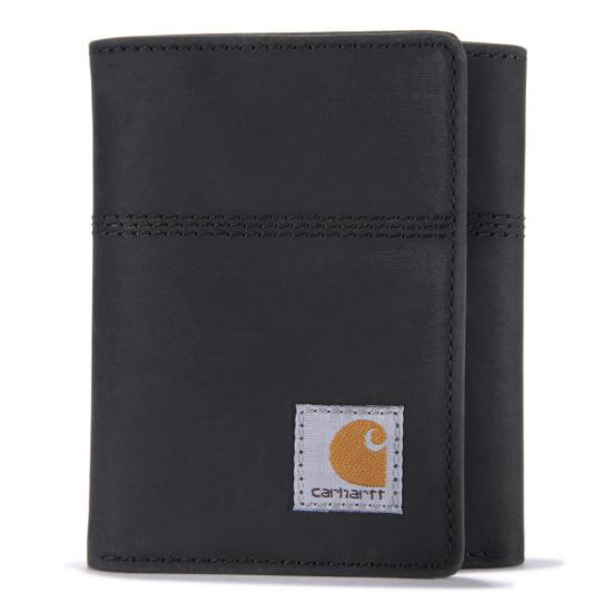 Back of Saddle Leather Trifold Wallet Accessory Black Accessory, Black leather trifold with stitched label patch and orange