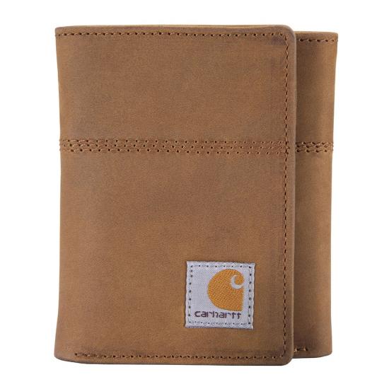 Saddle Leather Trifold Wallet Accessory front view, Tan leather with contrasting stitching and woven brand label patch on