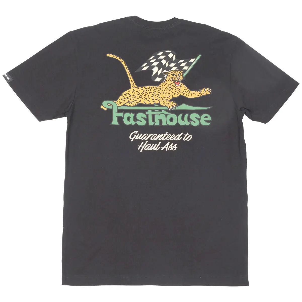 Savanna Tee Black front view, Black with yellow leopard holding checkered flag, green text reading "Fasthouse" and white