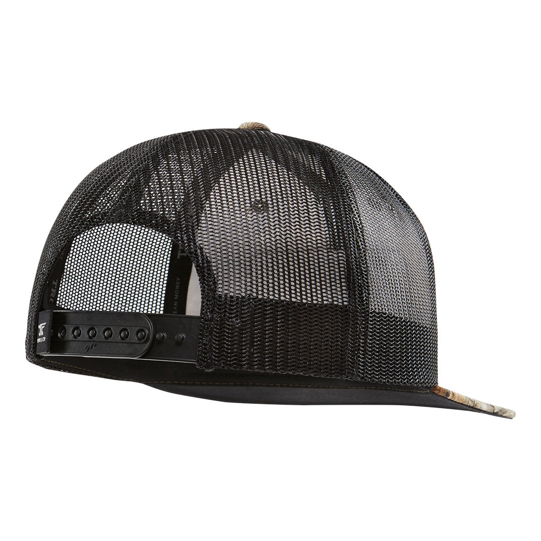 Back of SBC Realtree Barricade Trucker Realtree Hat, Black mesh back panels with snap closure and tan camo bill detail -