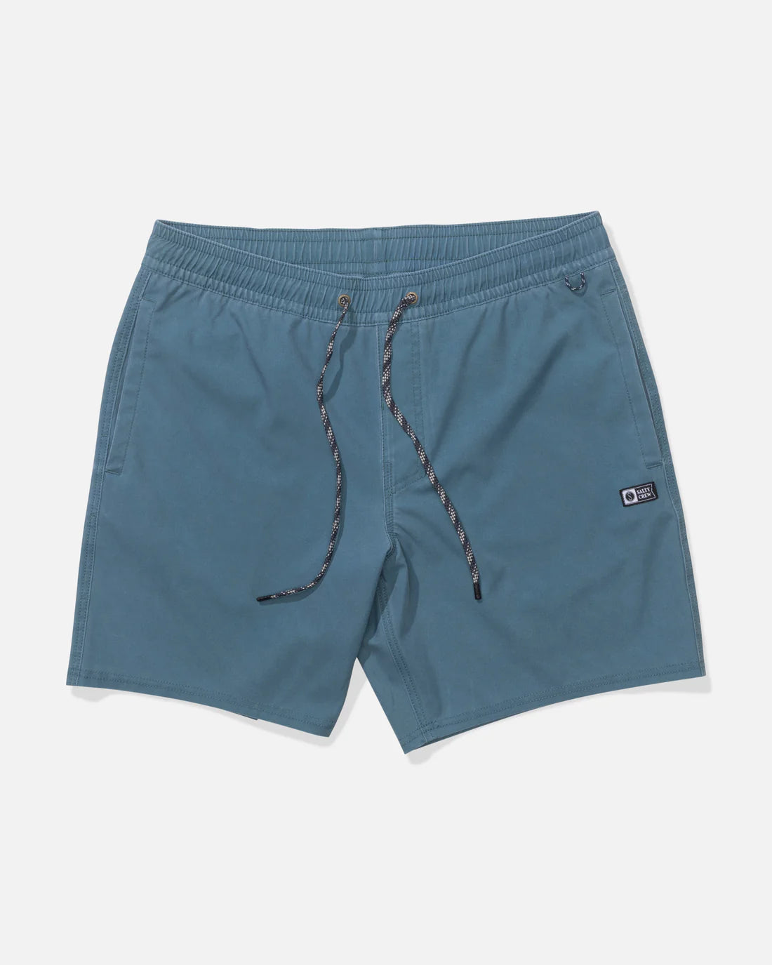 Seadog Volley Short Hydro Shorts front view, Slate blue with elastic waistband and grey drawstring, small woven label patch