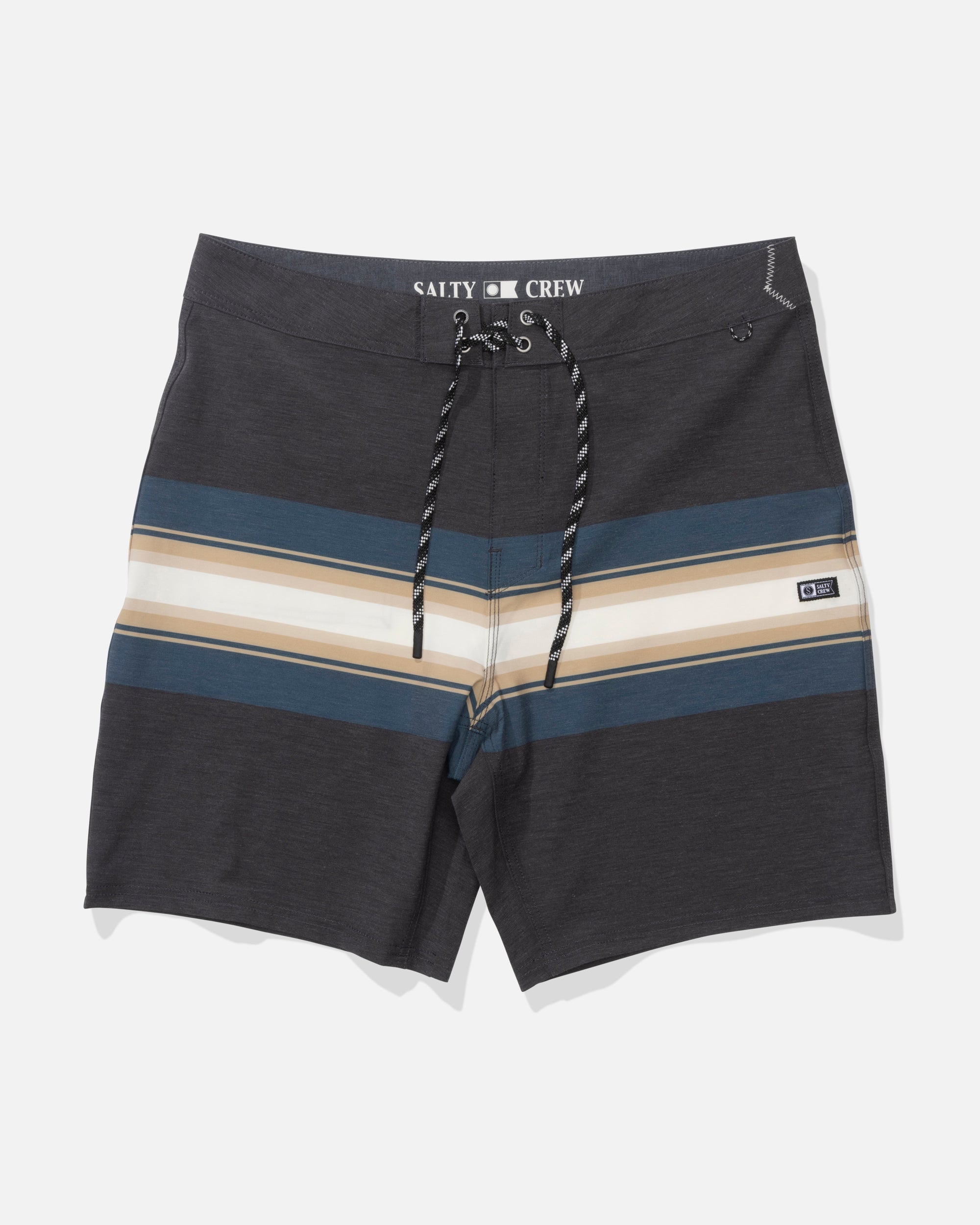 Session Stripe Boardshort Boardshorts front view, Charcoal with teal, tan, and cream horizontal stripes across center panel