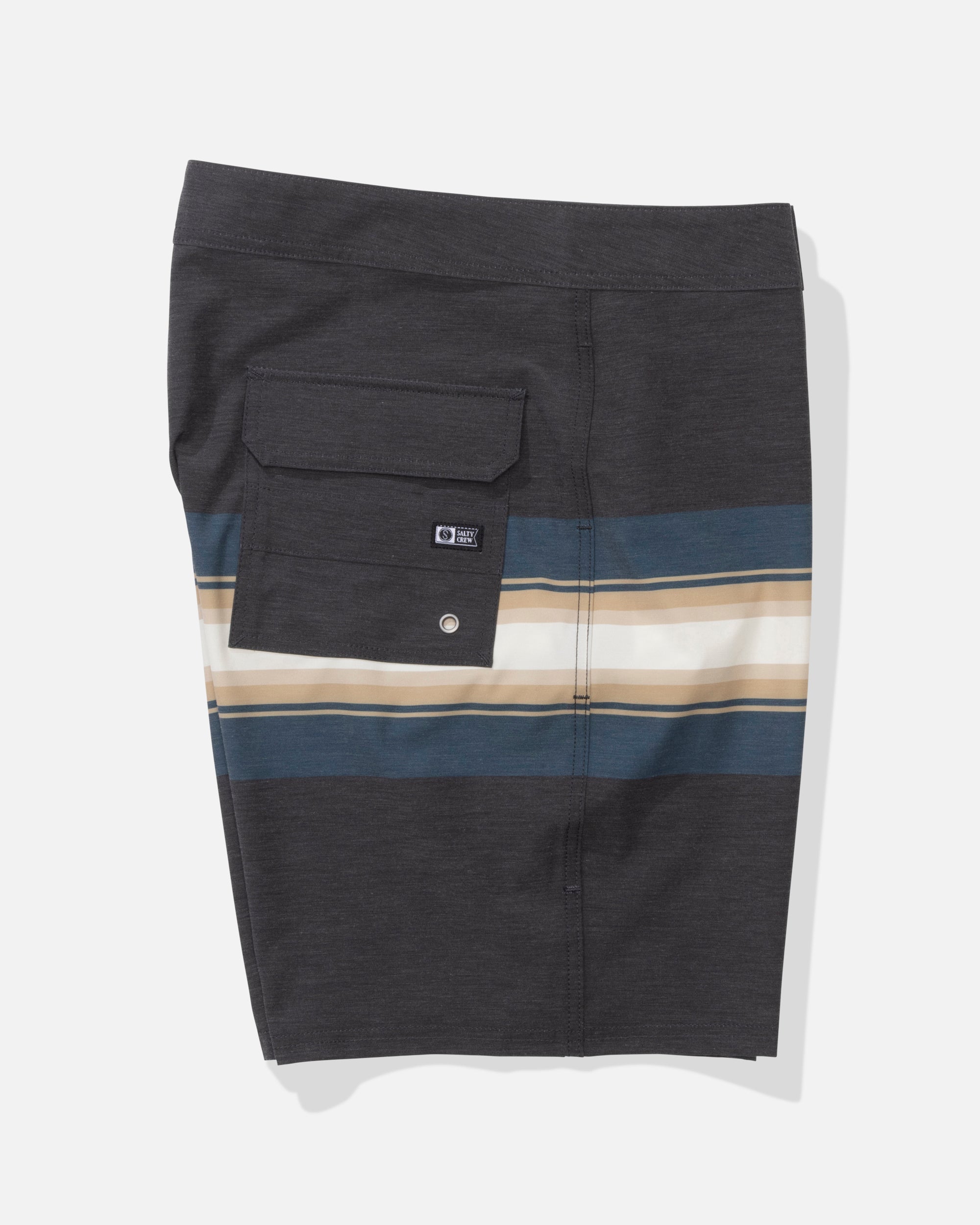 Close-up of Session Stripe Boardshort Boardshorts Black Boardshorts showing Charcoal with teal, tan, and cream horizontal