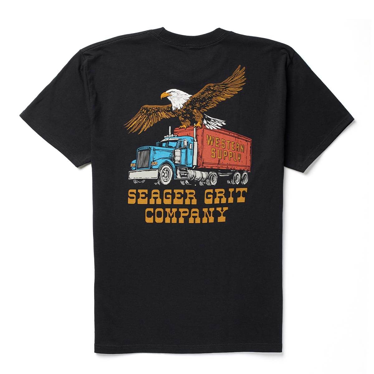SGR Big Rig front view, Black with bald eagle perched on blue semi truck and red Western Supply trailer, gold text below,