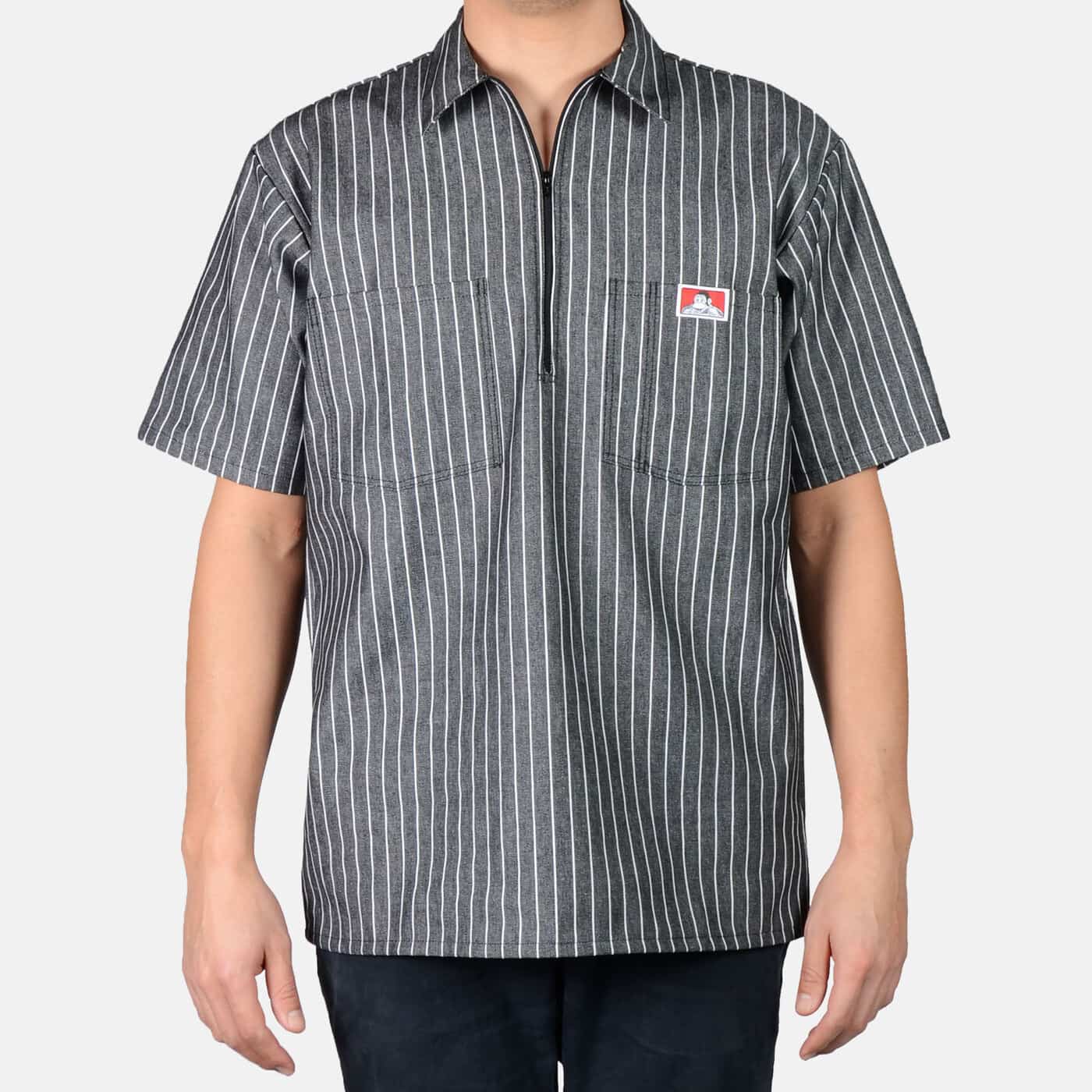 Short Sleeve Butcher Striped Half Zip S/S Woven front view, Charcoal with white pinstripe, half-zip closure and small red
