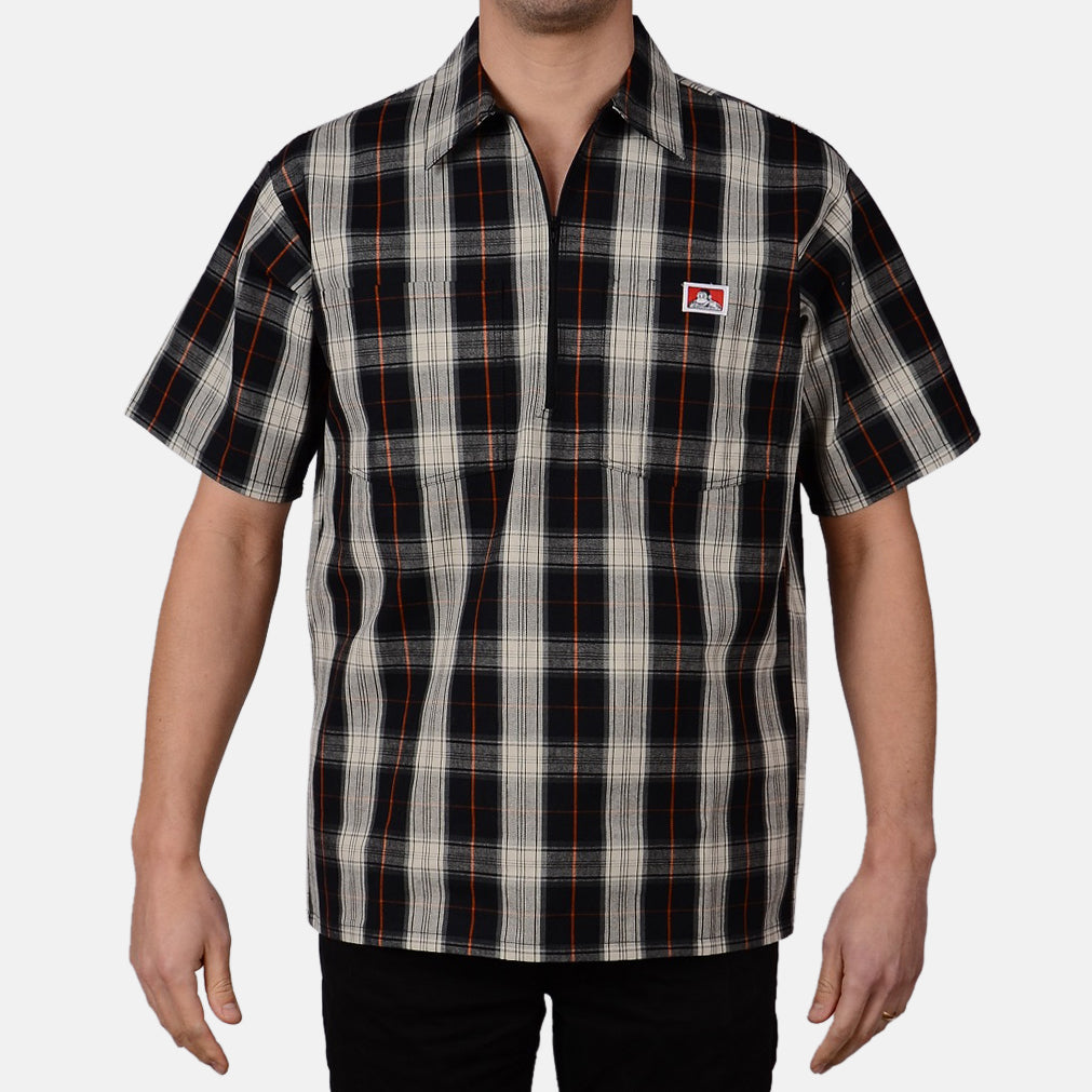 Back of Short Sleeve Plaid Half Zip S/S Woven Black/cream S/S Woven, Blank back - Slowride Supply