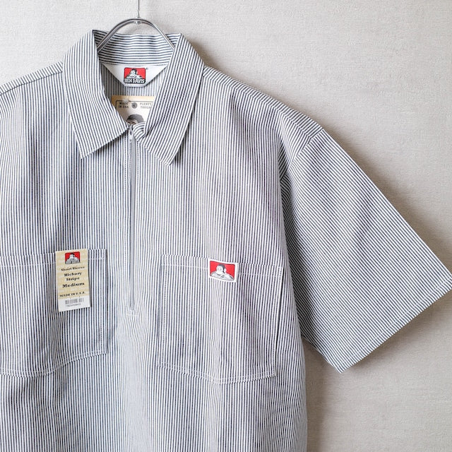 Close-up of Short Sleeve Stripe Half Zip S/S Woven Black S/S Woven showing White with narrow black vertical stripes, small