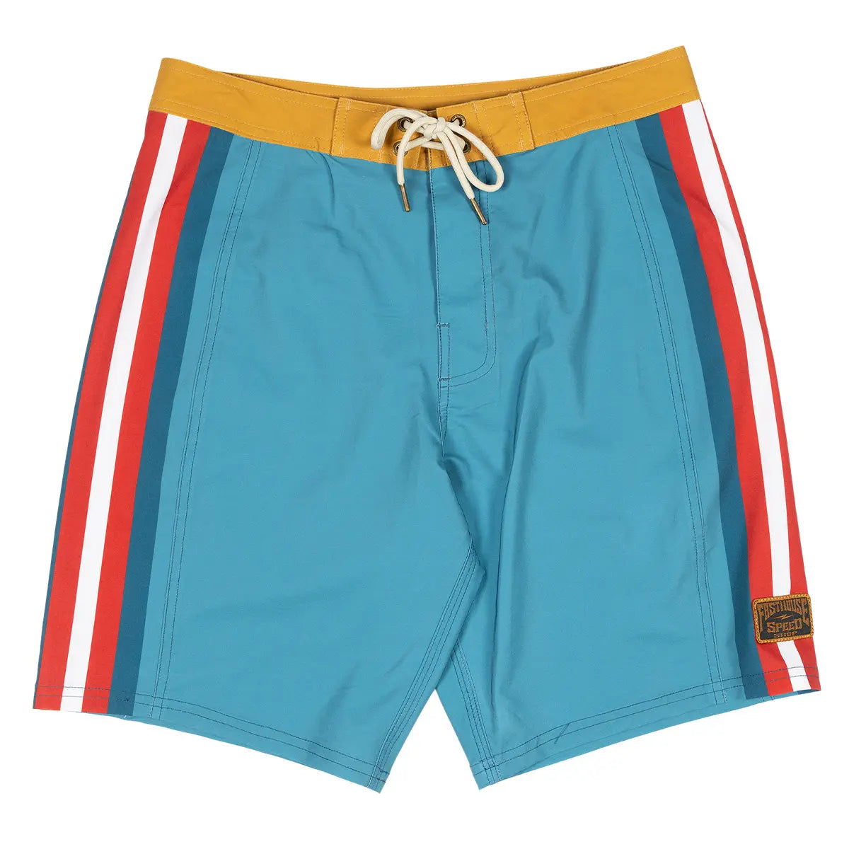 Skeg 19" Boardshort Apparel front view, Indigo with gold waistband, red and white side stripes, cream drawstring, Indigo