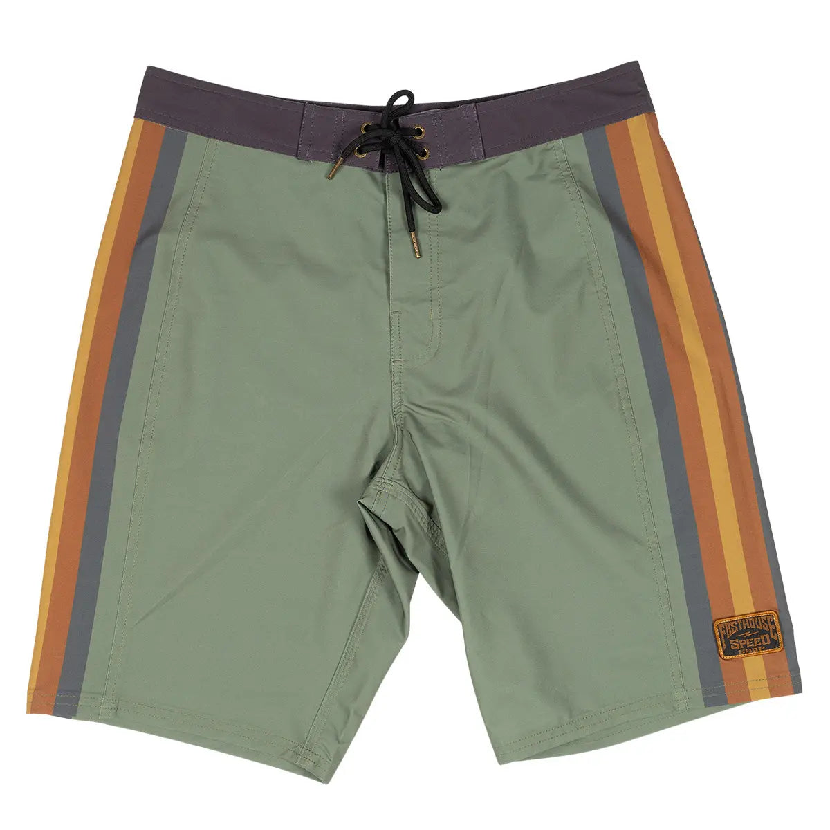 Skeg 21" Boardshorts Apparel front view, Olive green with charcoal and orange stripe side panels, black drawstring waistband