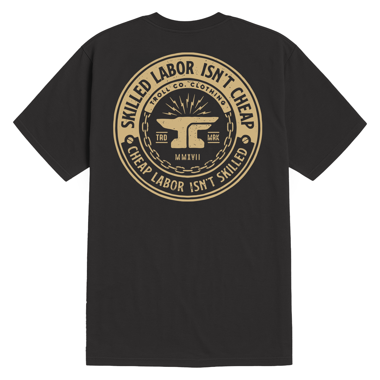 Close-up of Slic Black Tee showing Tan circular seal on black with anvil centerpiece, chain border, and text reading