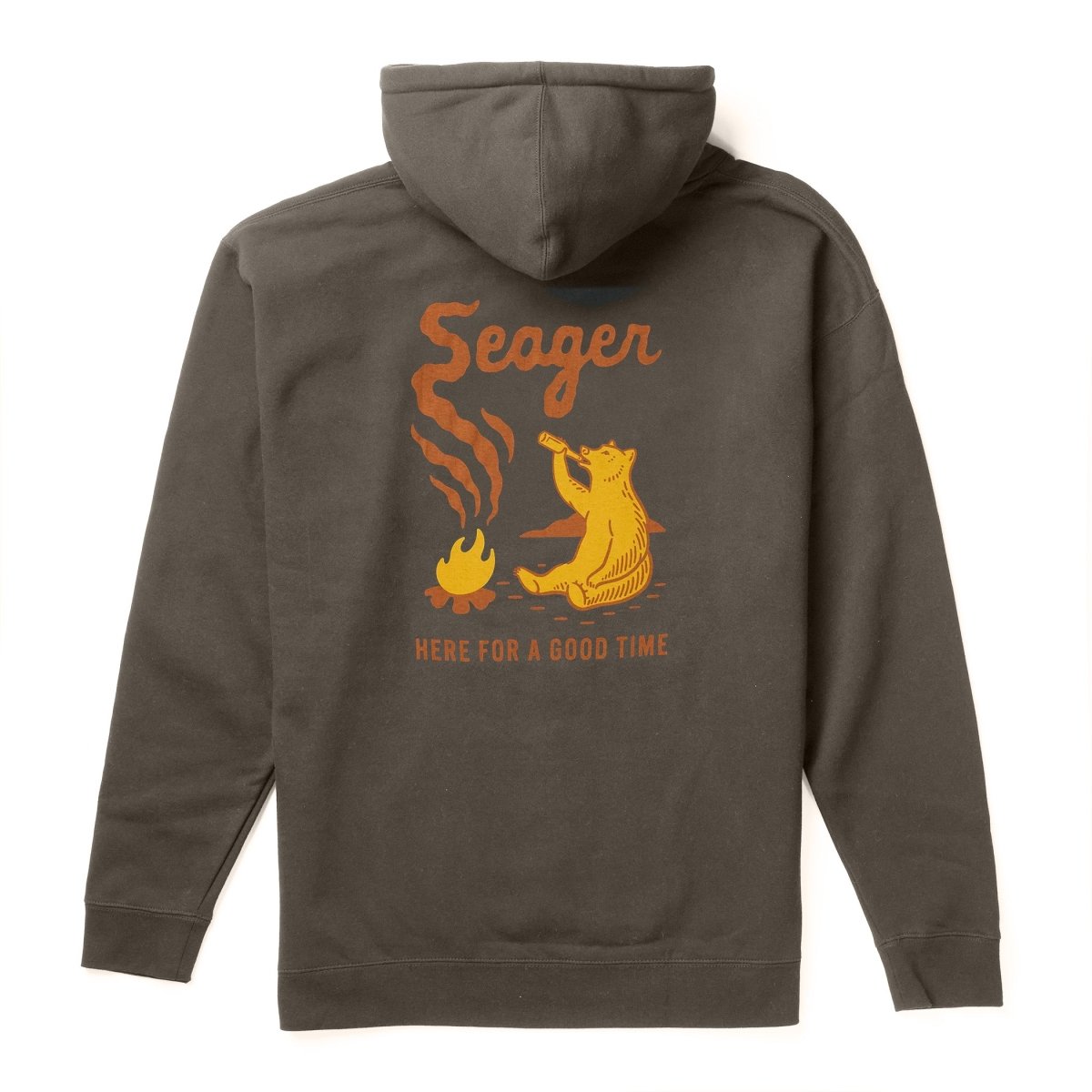 Smokey front view, Charcoal with orange cursive "Seager" text, yellow bear illustration by campfire, and orange "Here for a