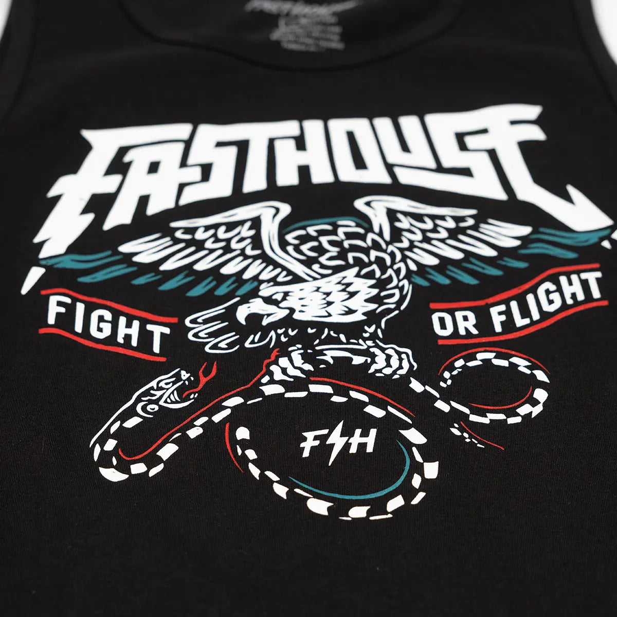 Close-up of Soar Tank Apparel Black Apparel showing White eagle graphic with teal and red accent lines, "Fight or Flight"