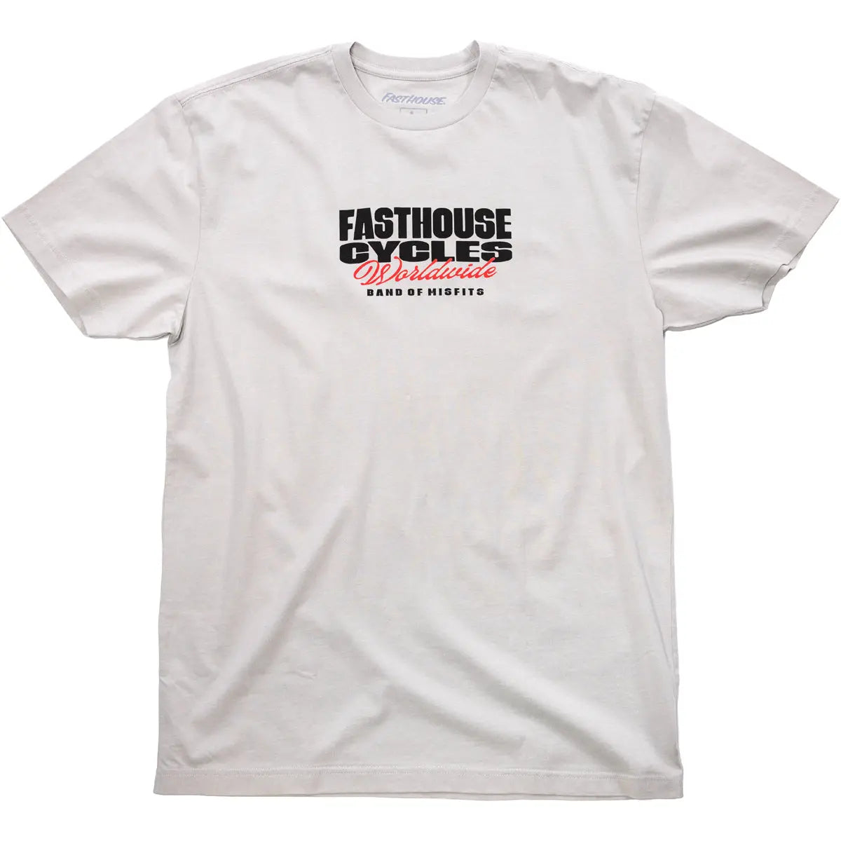 Close-up of Spanner Mirage Gray Tee showing White tee with black and red stacked text print reading "Fasthouse Cycles" with