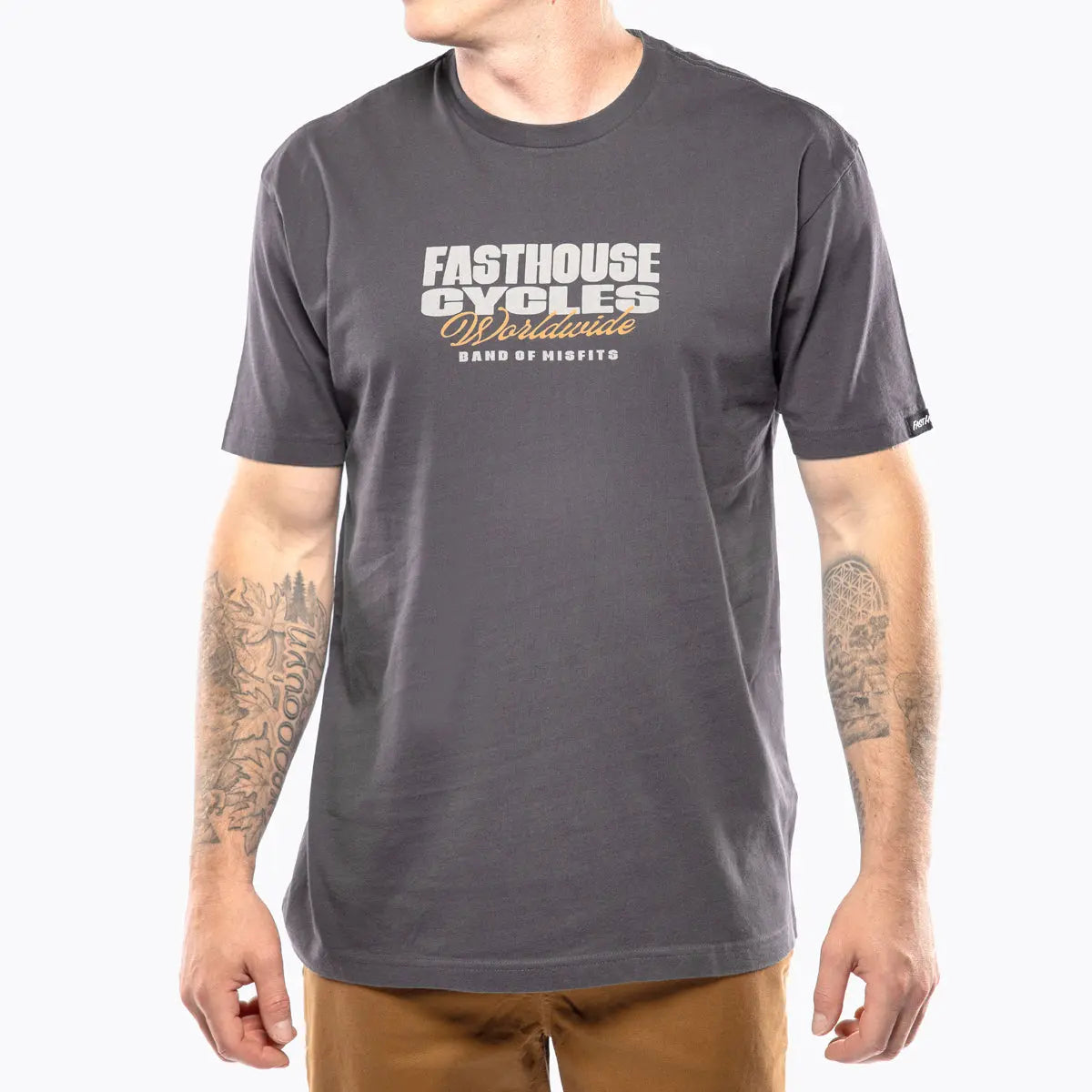 Person wearing Spanner Mirage Gray Tee, Man wearing gray tee against plain white background, studio setting - Slowride Supply