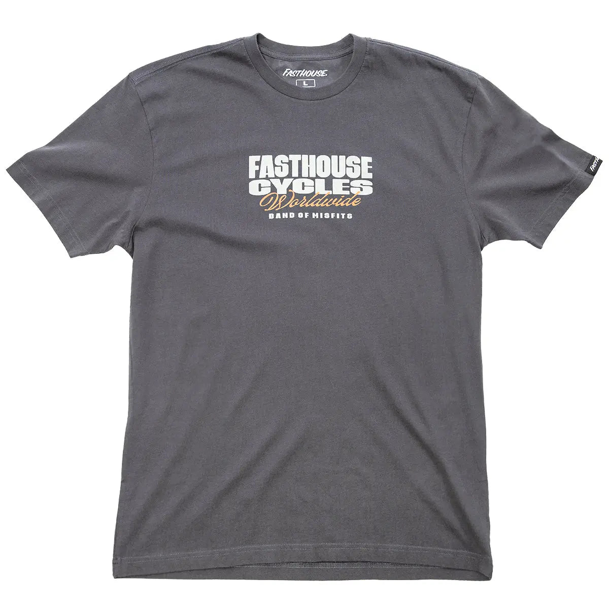Close-up of Spanner Mirage Gray Tee showing Mirage gray with white and gold multiline text print across chest, small sleeve