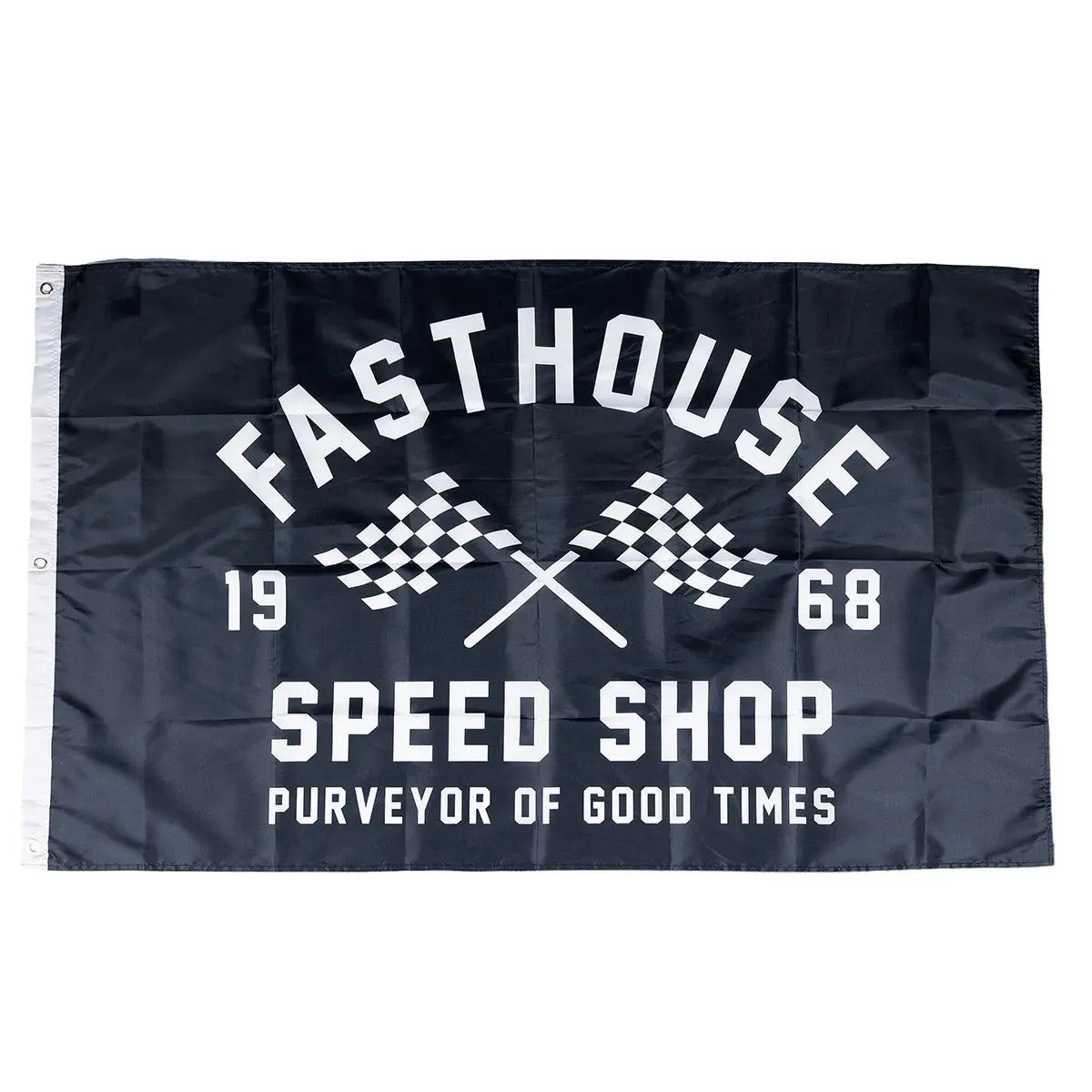 Speed Shop Garage Flag Accessory front view, Black with white text reading "Fasthouse" and "Speed Shop" with crossed