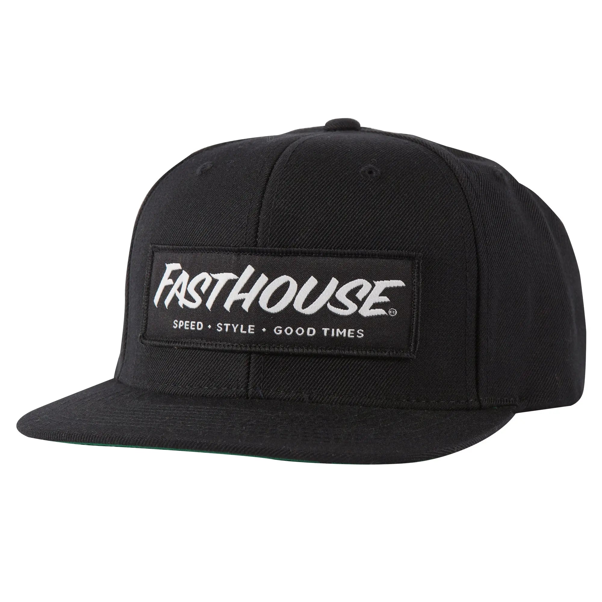 Speed Style Good Times front view, Black snapback with white italic script logo and tagline across front panel, Black Hat -