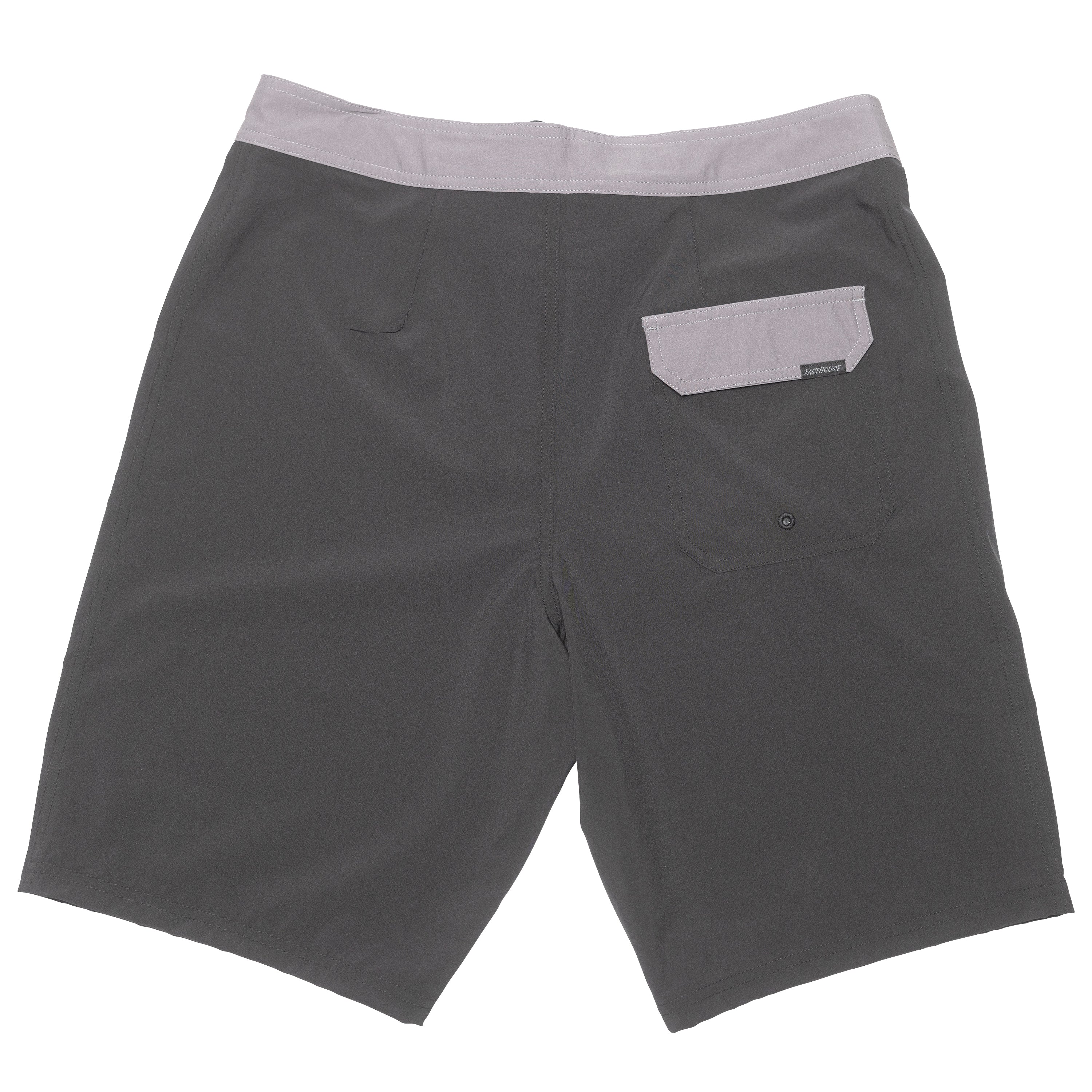 Back of Stealth 21" Boardshort Boardshorts Black Boardshorts, Charcoal with lavender waistband and back patch pocket in