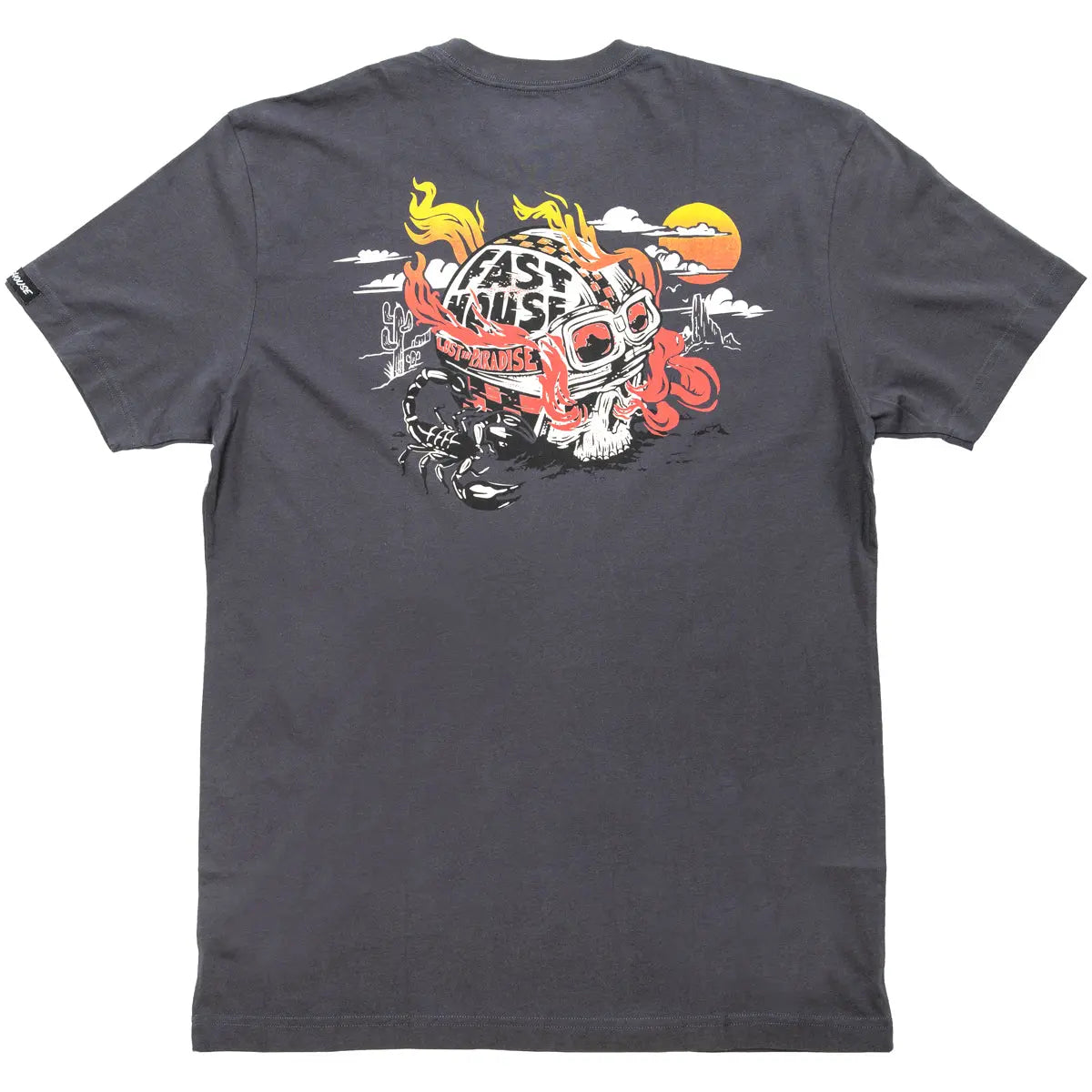 Stinger front view, Graphite black with desert scene graphic featuring engine block, flames, and text in yellow, white,