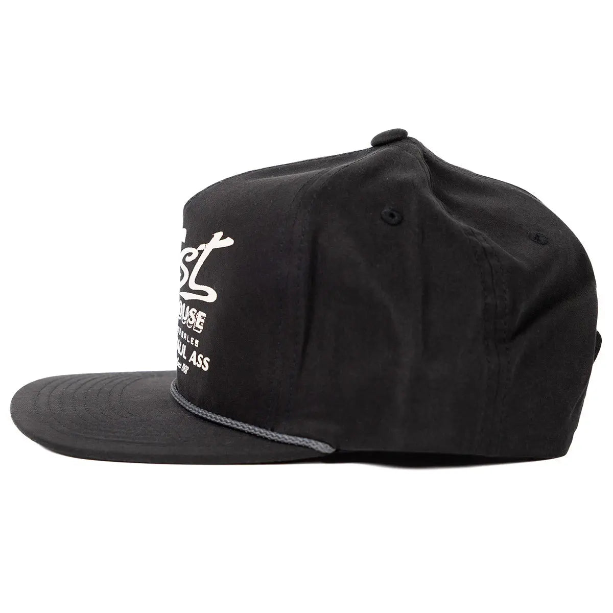 Back of Sunset Black Hat, Gray rope trim along bill and side seam with black button at crown - Slowride Supply