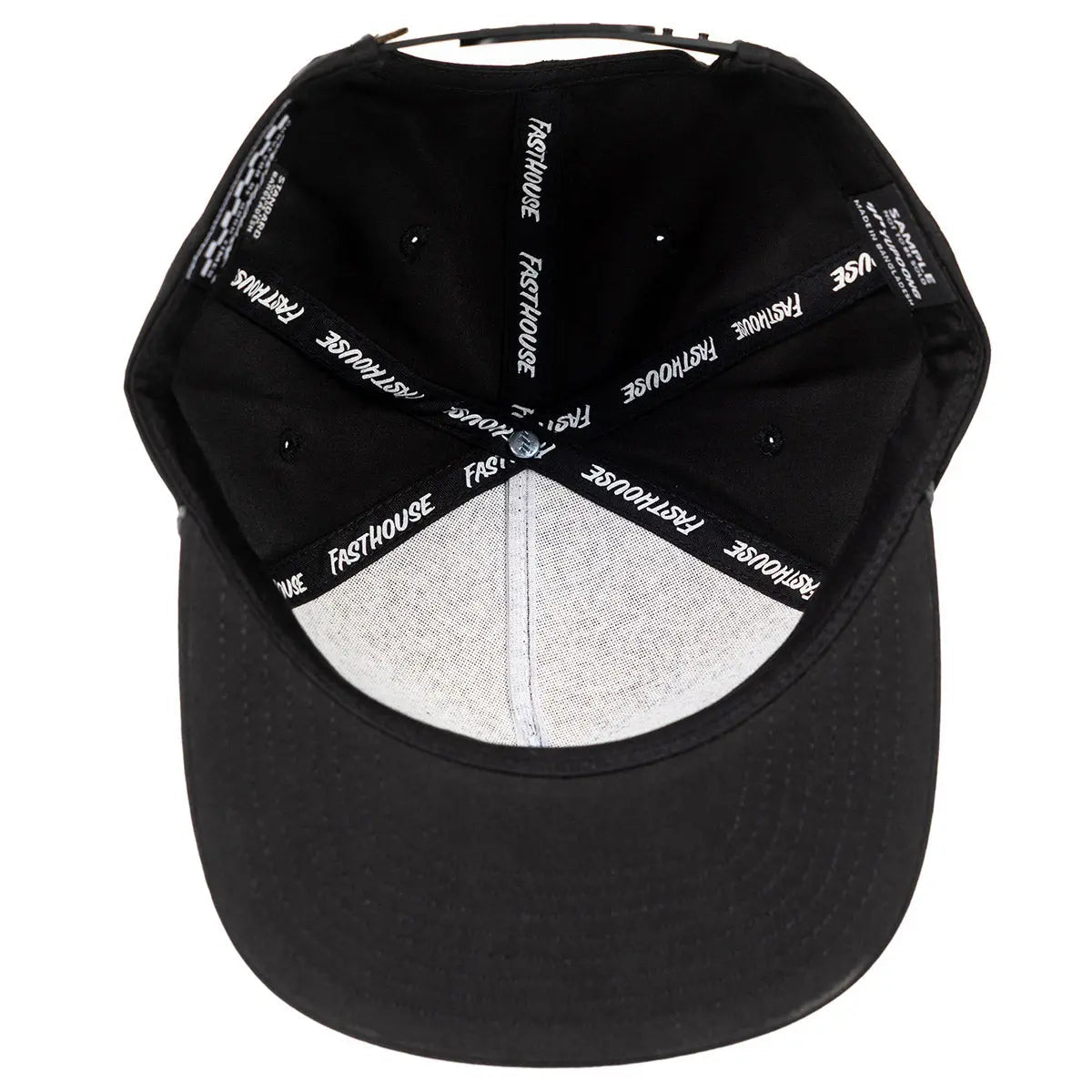 Close-up of Sunset Black Hat showing Black cotton cap with white text branding on interior sweatband and structured panels -