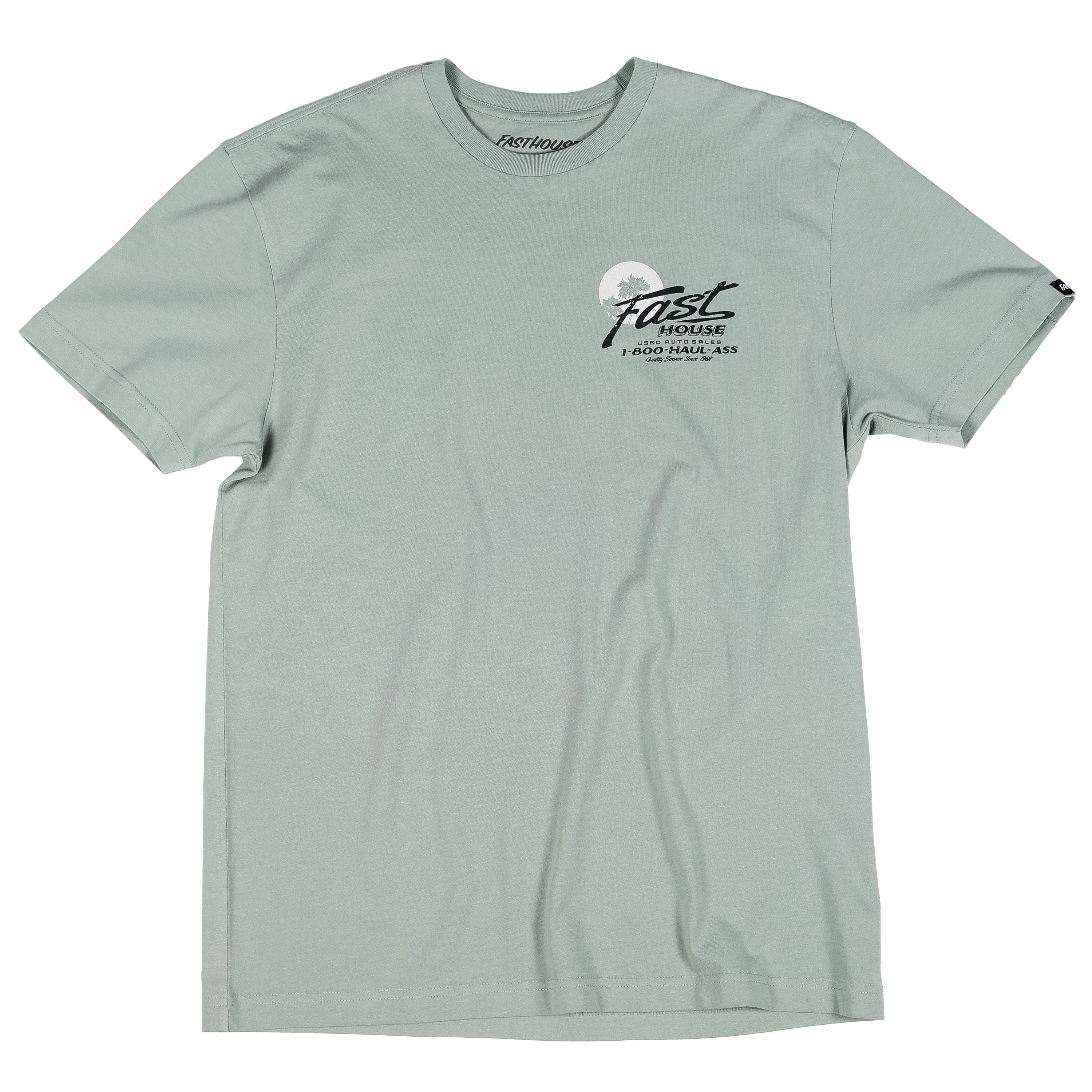 Close-up of Sunset Black Tee showing Sage green with black script logo and phone number beneath circular moon graphic on