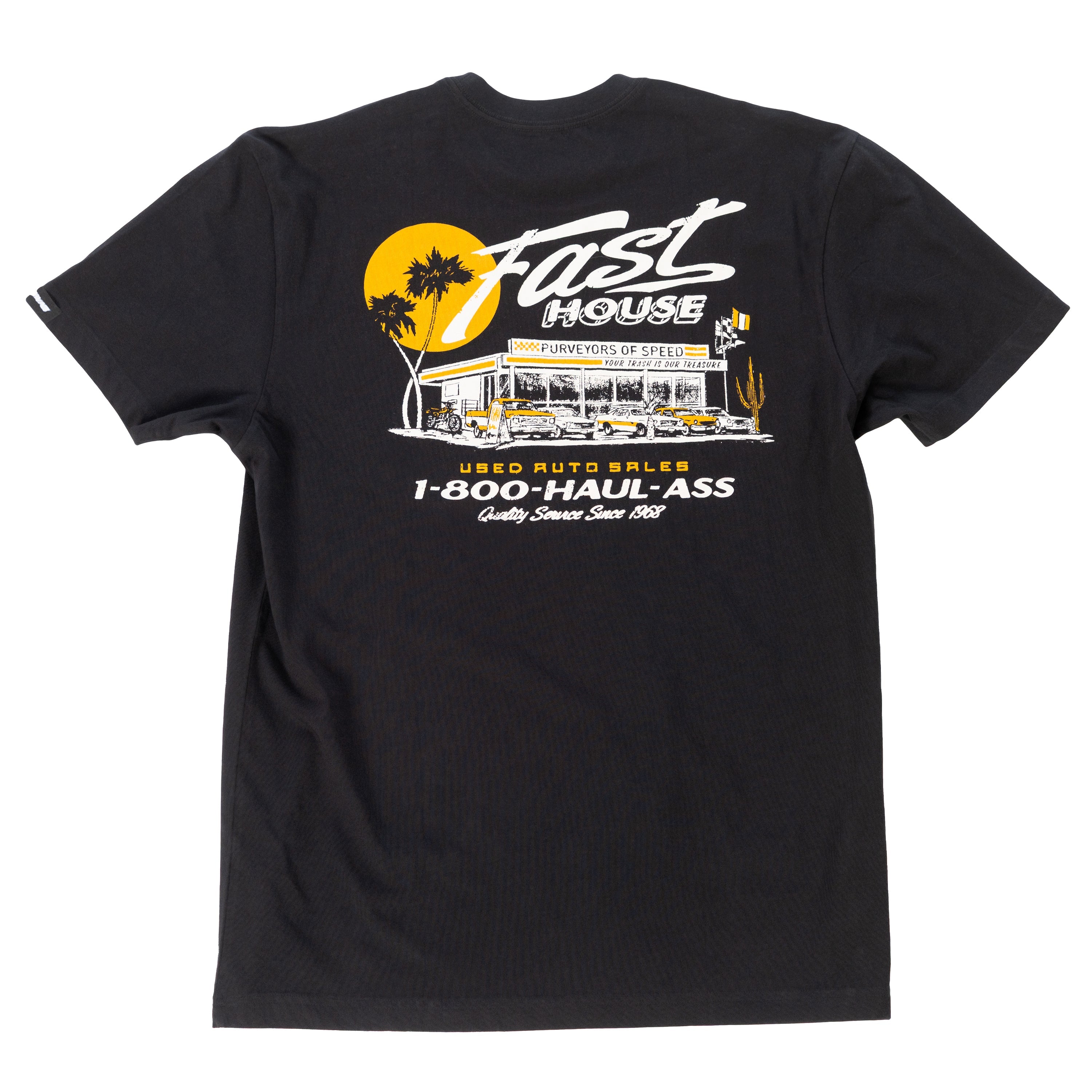 Sunset front view, Black with yellow and white vintage auto dealership graphic featuring palm trees, setting sun, and