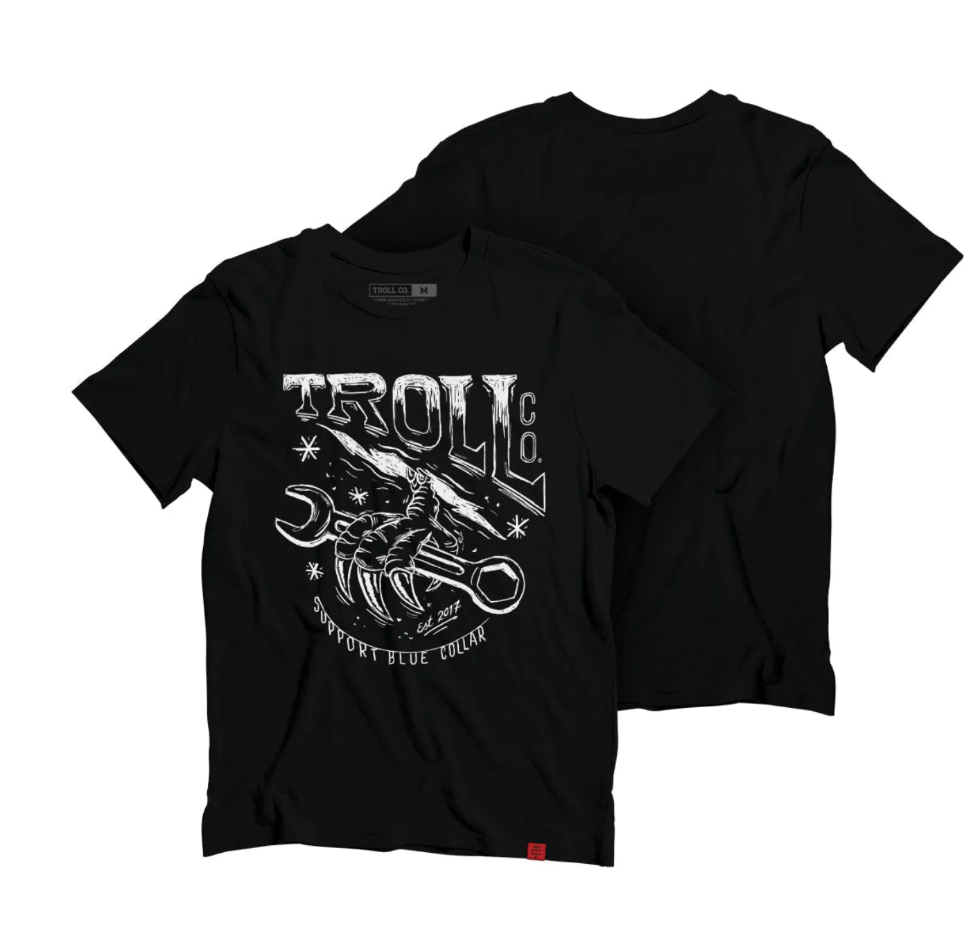 Talon front view, Black with white distressed mechanic graphic and "support blue collar" text below, Black Tee - Slowride