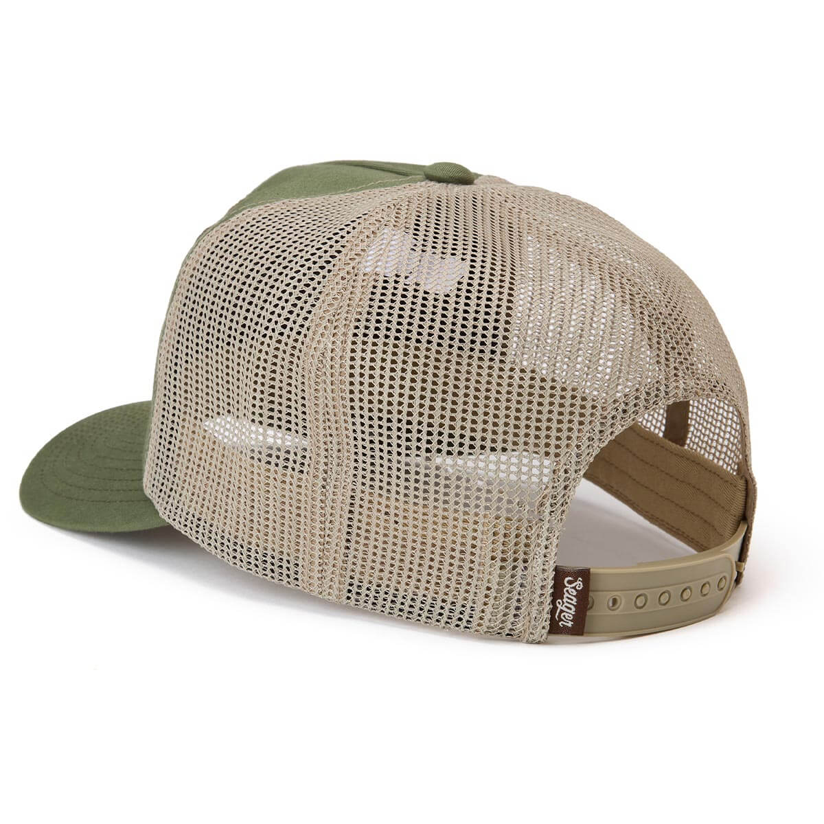 Close-up of The Herd Trucker Army Green Hat showing Mesh trucker back with snapback closure, tan ventilation panels, and