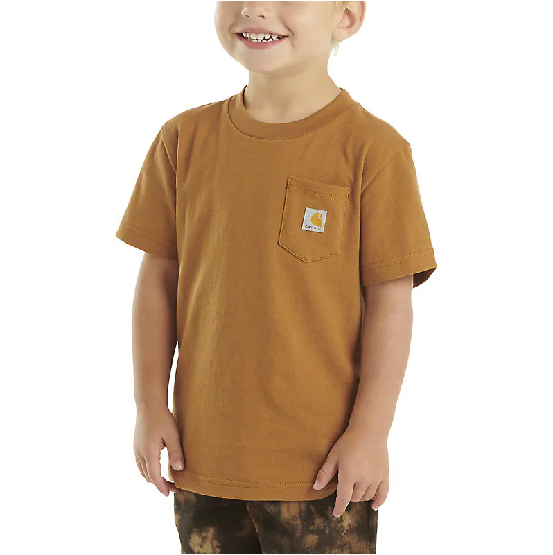 Person wearing Tk6513 Short Sleeve Pocket Tee Kids Brown Kids Tee, Child wearing brown tee against plain white background -