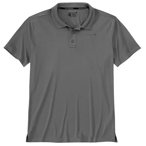 Tk6901 Polo front view, Grey polo with small embroidered chest logo and button placket, Grey Polo - Slowride Supply