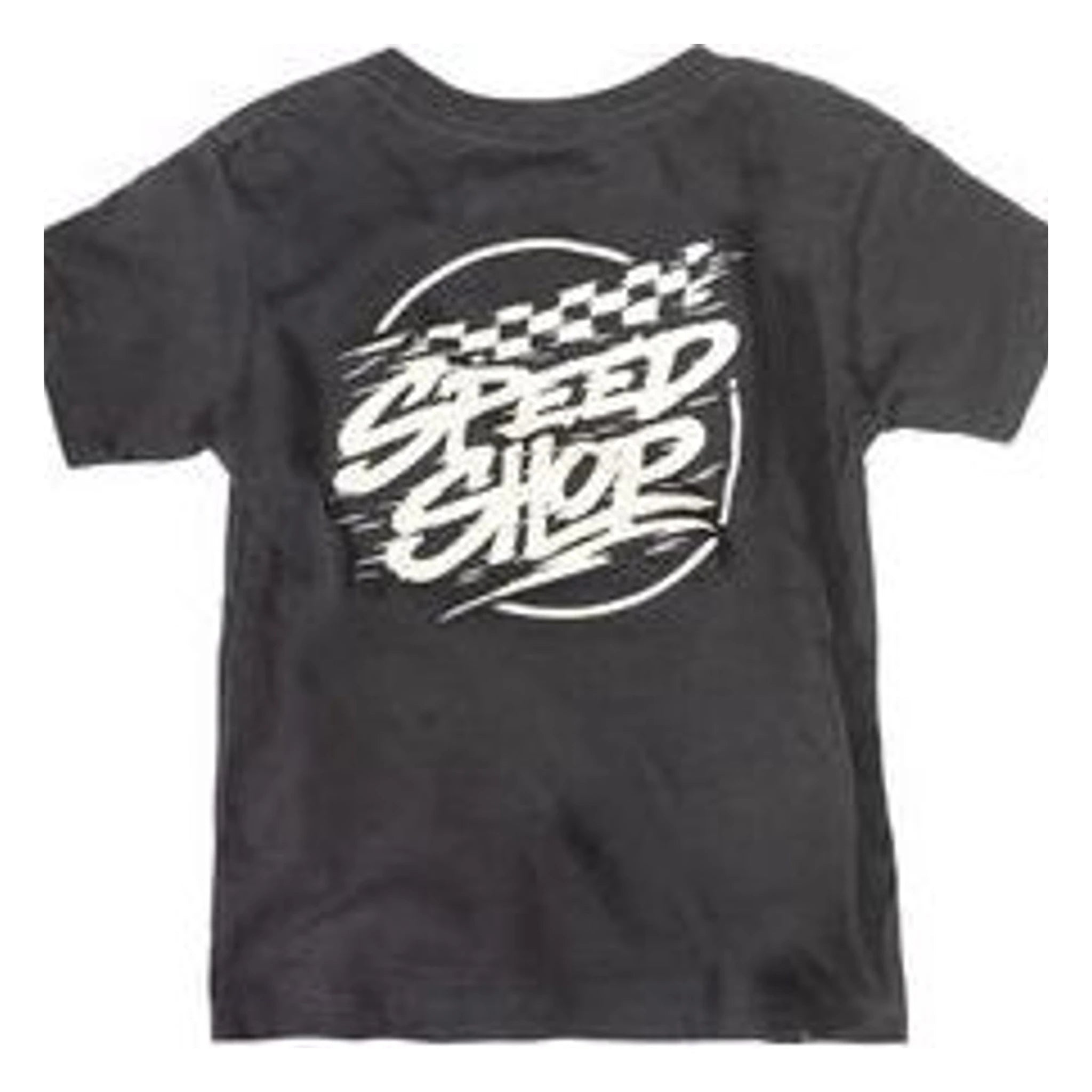 Toddler Burner Tee Kids front view, Black with white speed graphic and circular border, dynamic slashed lettering design,